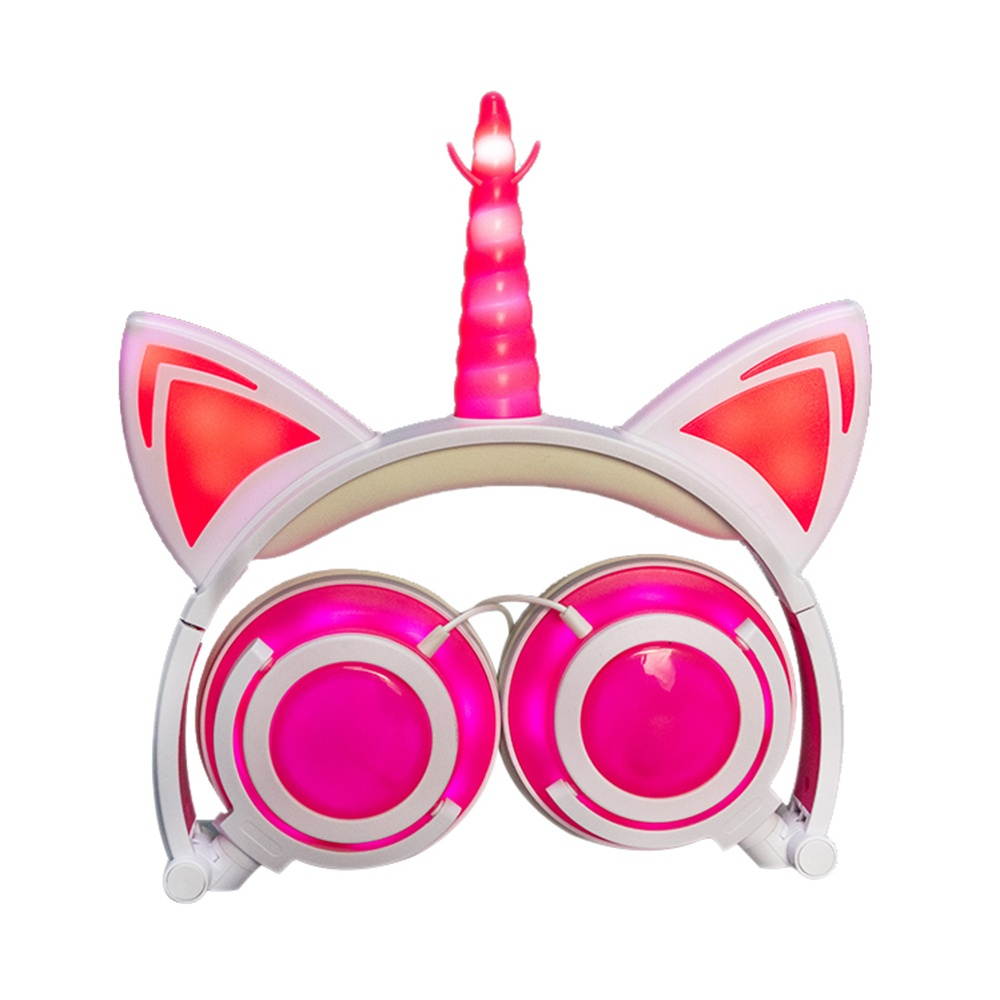 LX-UR107 Foldable Cat Ear Headphone Flashing LED Lights for PC Laptop 3.5mm AUX Rechargeable Over-ear Headset Adjustable Headband Kids Earphone
