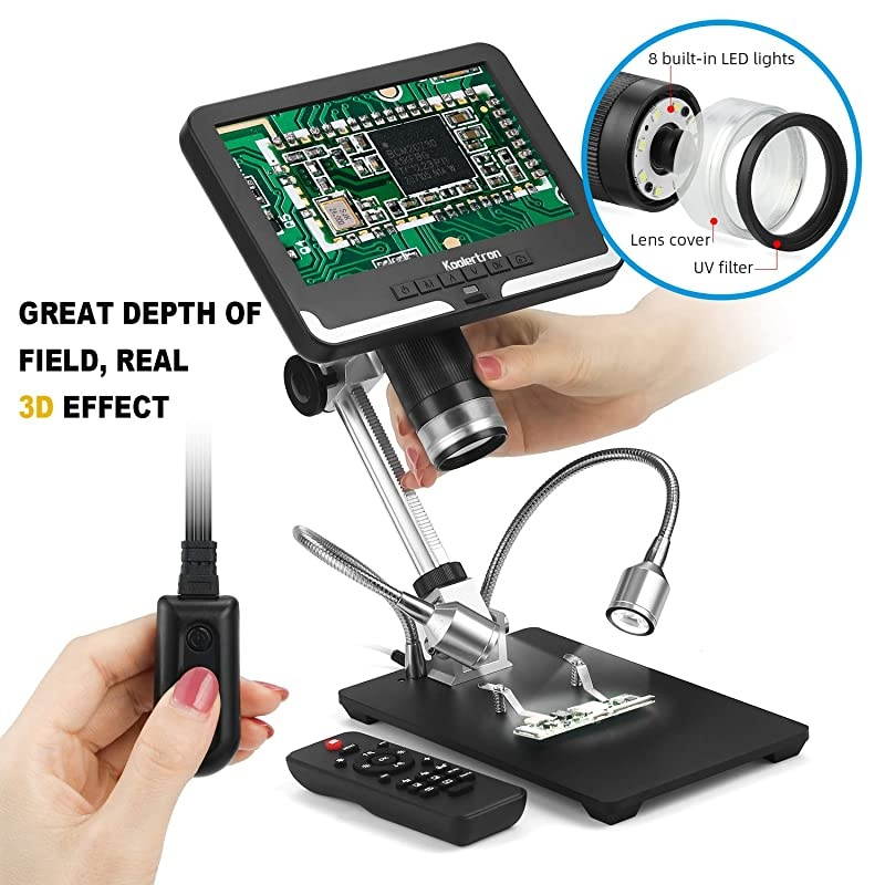 7 inch LCD Digital USB Microscope Angle Adjustable with Remote Control, 12MP 1920x1080 30fps Video Recorder Image Flip/Reverse Color/Black & White for Circuit Board Repair Soldering PCB Coin