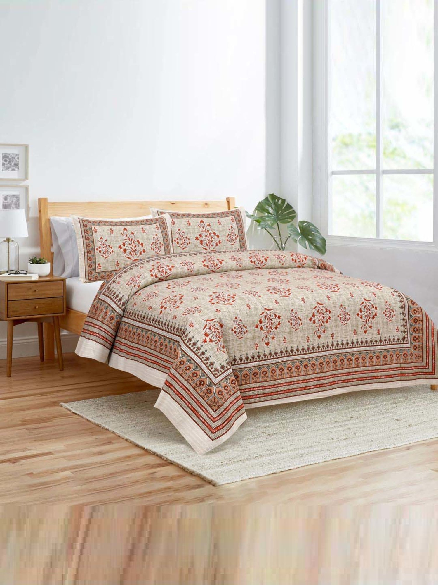 JaipurFabric Brownish 180 TC 100% Cotton Floral Double Bedsheet with 2 Pillow Covers