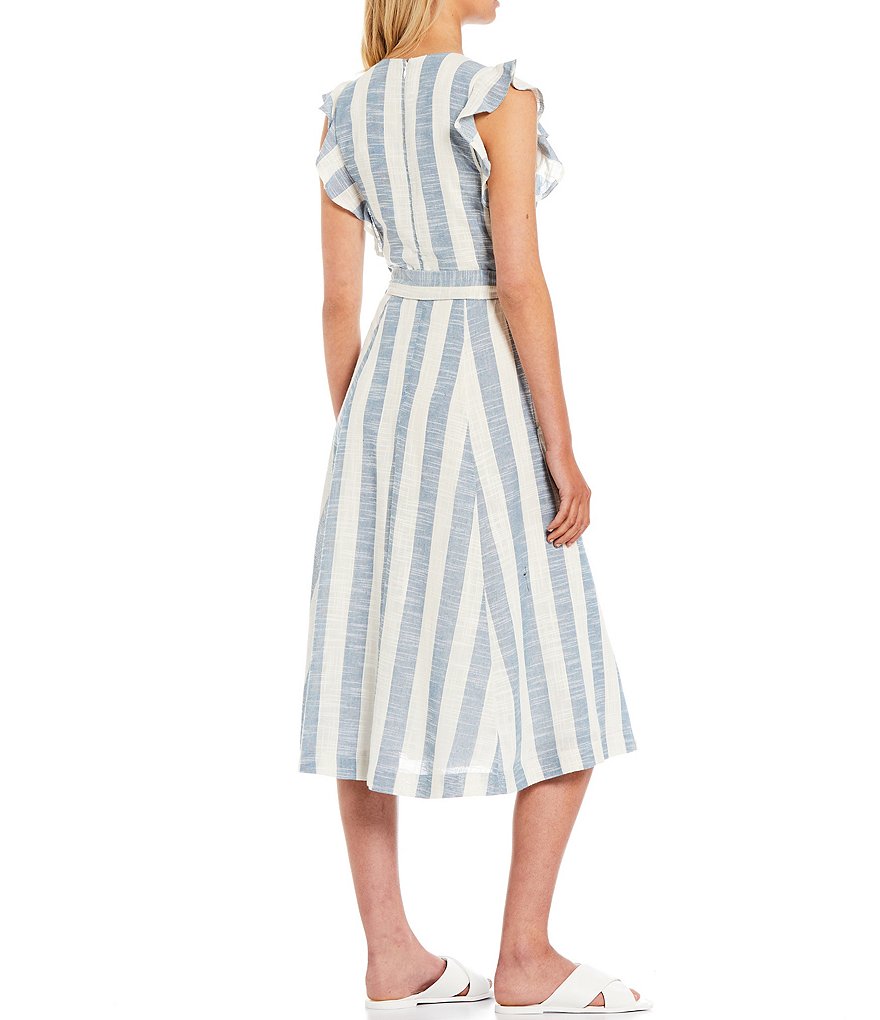 Sugarlips Positano Striped V-Neck Ruffle Sleeveless Button Front Sash Belted Midi Dress