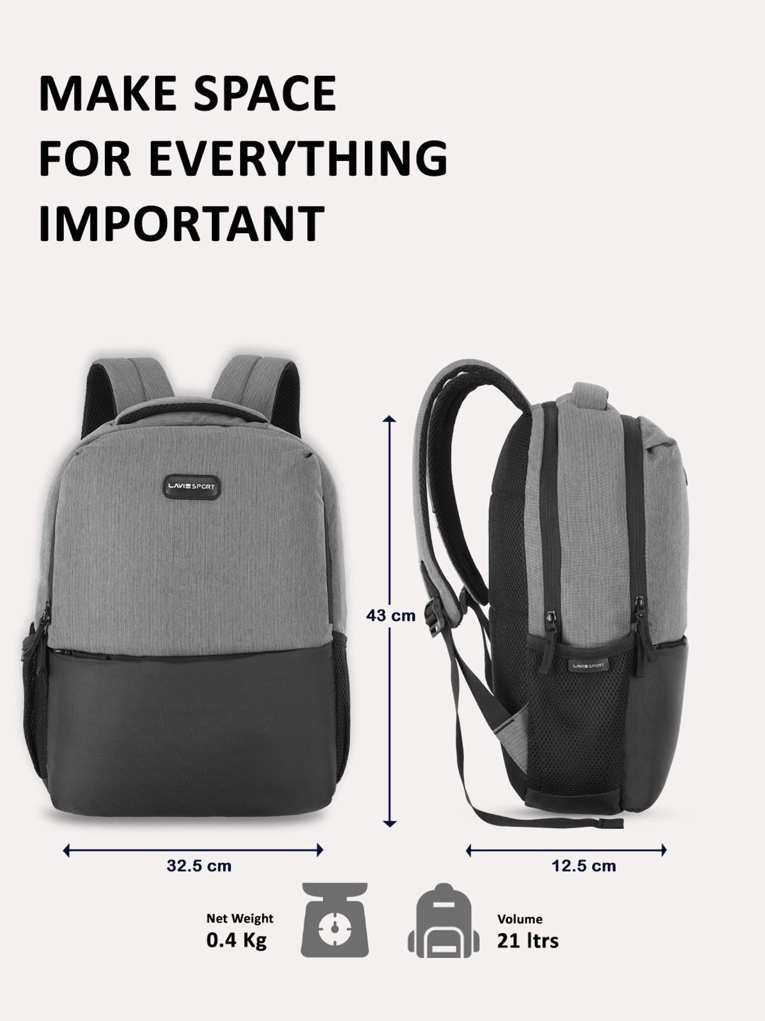Lavie Sport Apex 21L Laptop Backpack For Men & Women (Grey)