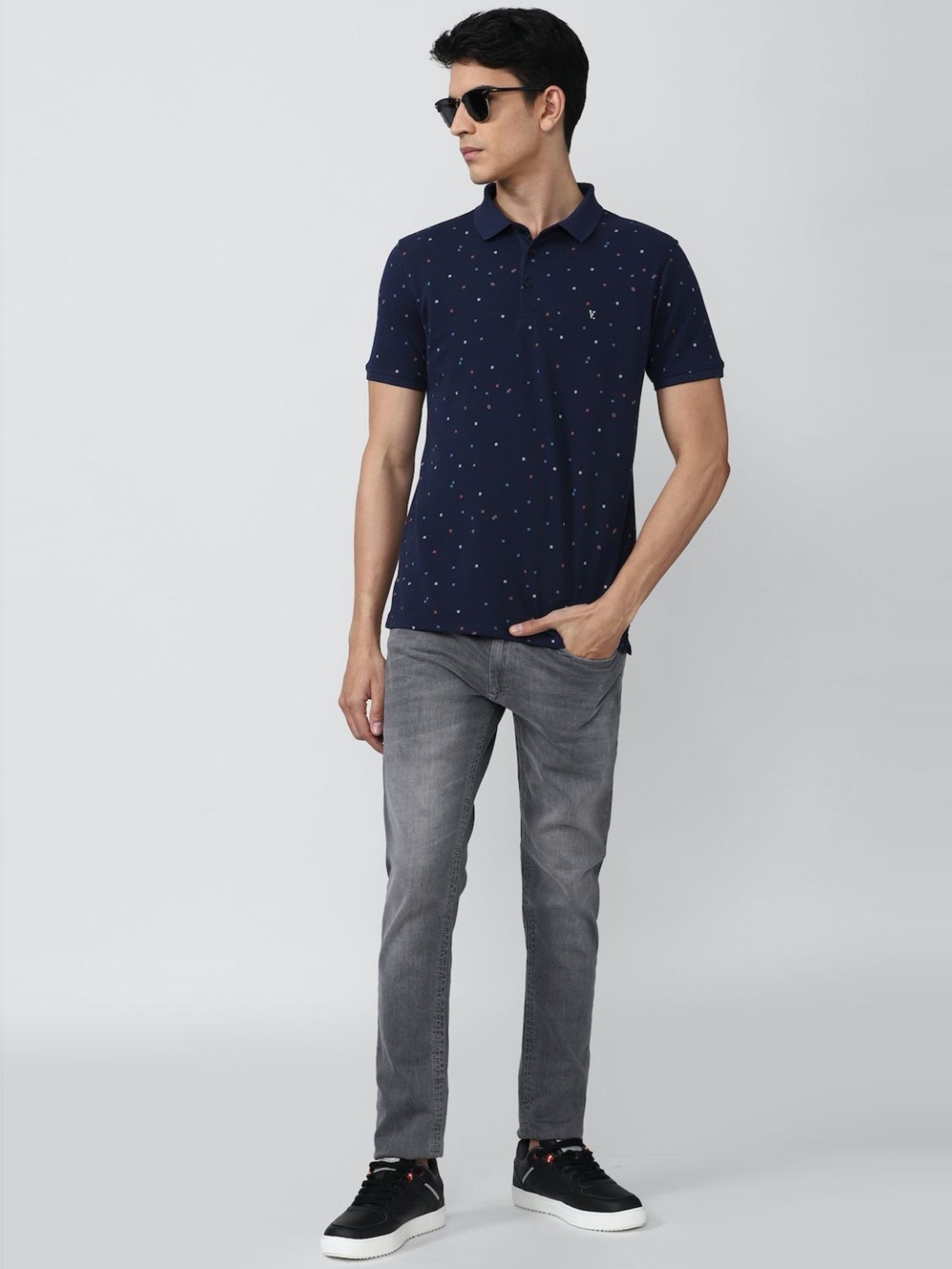 V Dot Navy Cotton Slim Fit Printed Polo T-Shirt