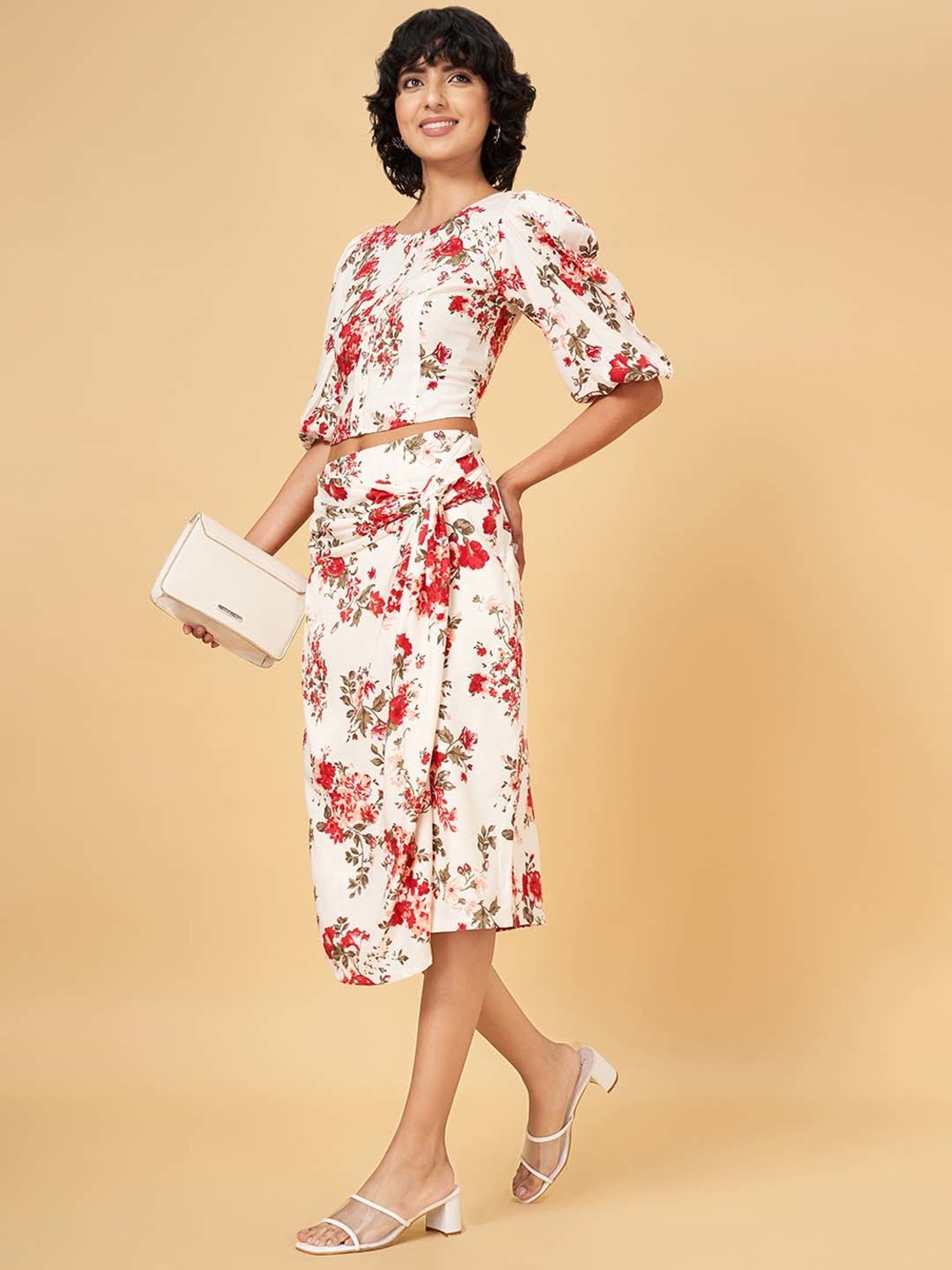 Honey by Pantaloons White & Red Printed A-Line Skirt