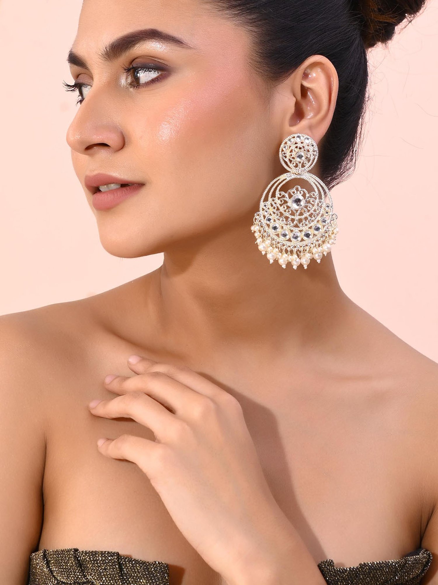 VOJ Gold Plated Kundan Contemporary Circular Chandbaali Earrings for Women