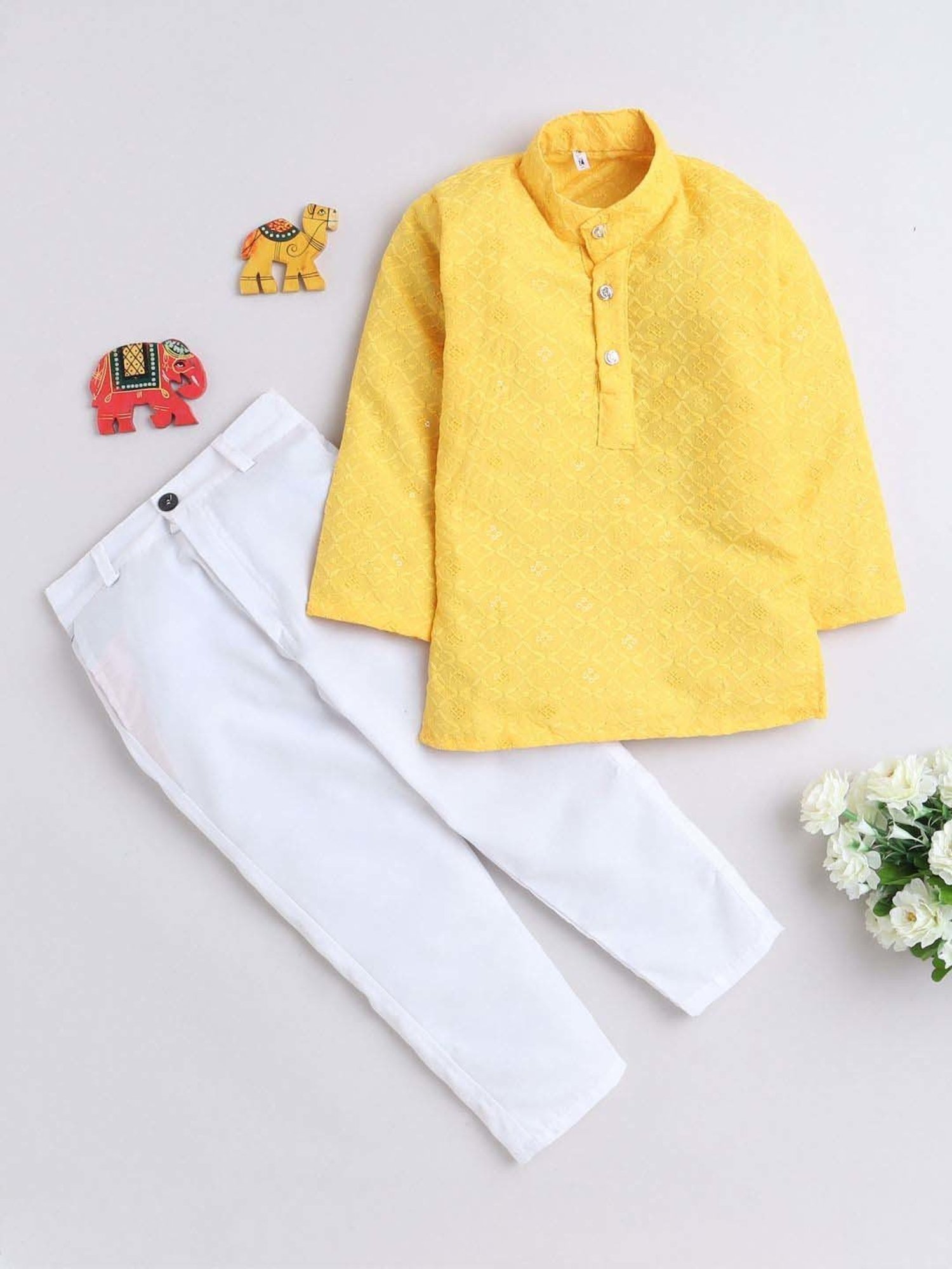Fourfolds Boys Yellow Cotton Embroidery Full Sleeves Kurta Set