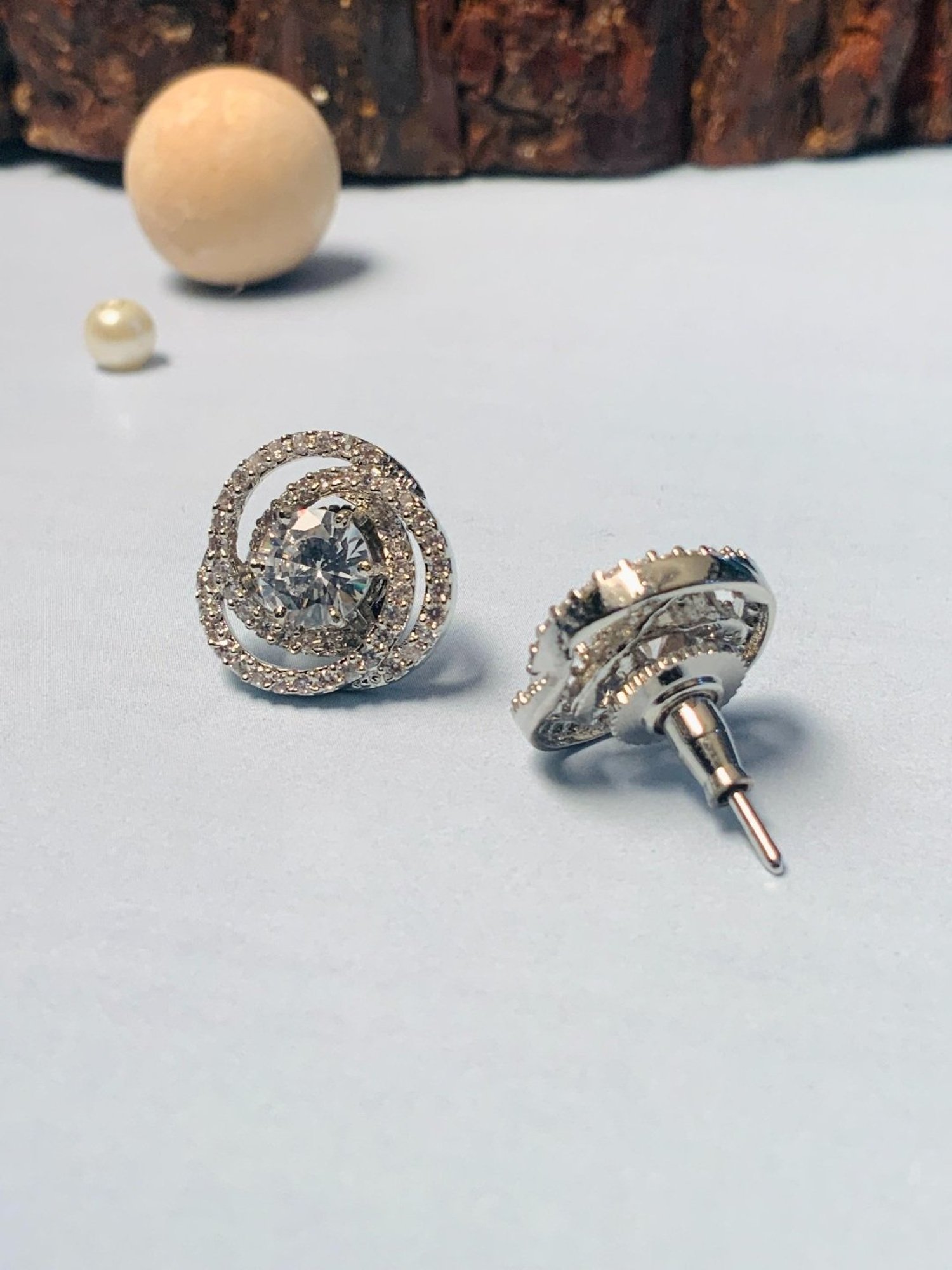 Abdesigns Shiney Silver Plated American Diamond Stud Earrings