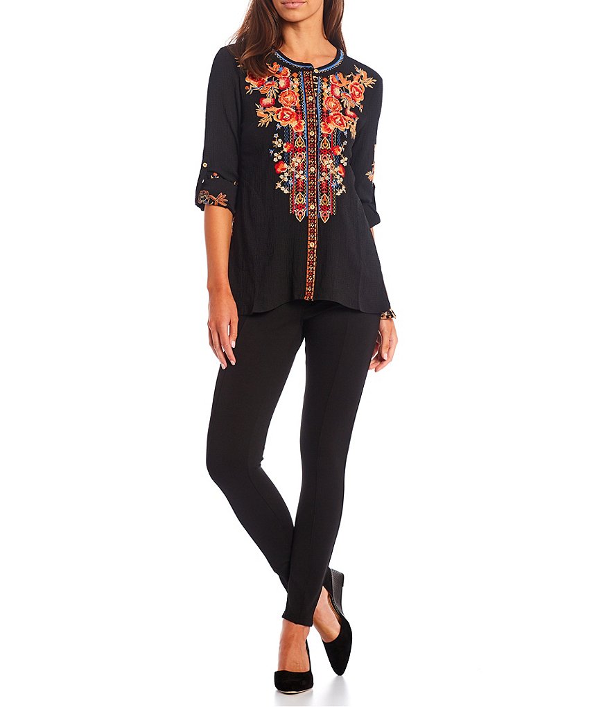 Calessa Petite Size Floral Embroidery Round Neck Button Front Long Roll-Tab Sleeve Tunic