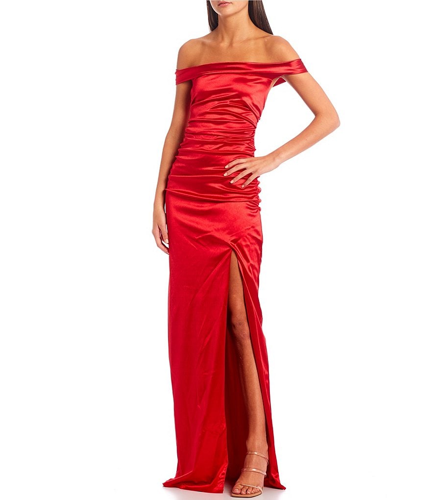 City Vibe Off-the-Shoulder Wrap Side Slit Satin Long Dress