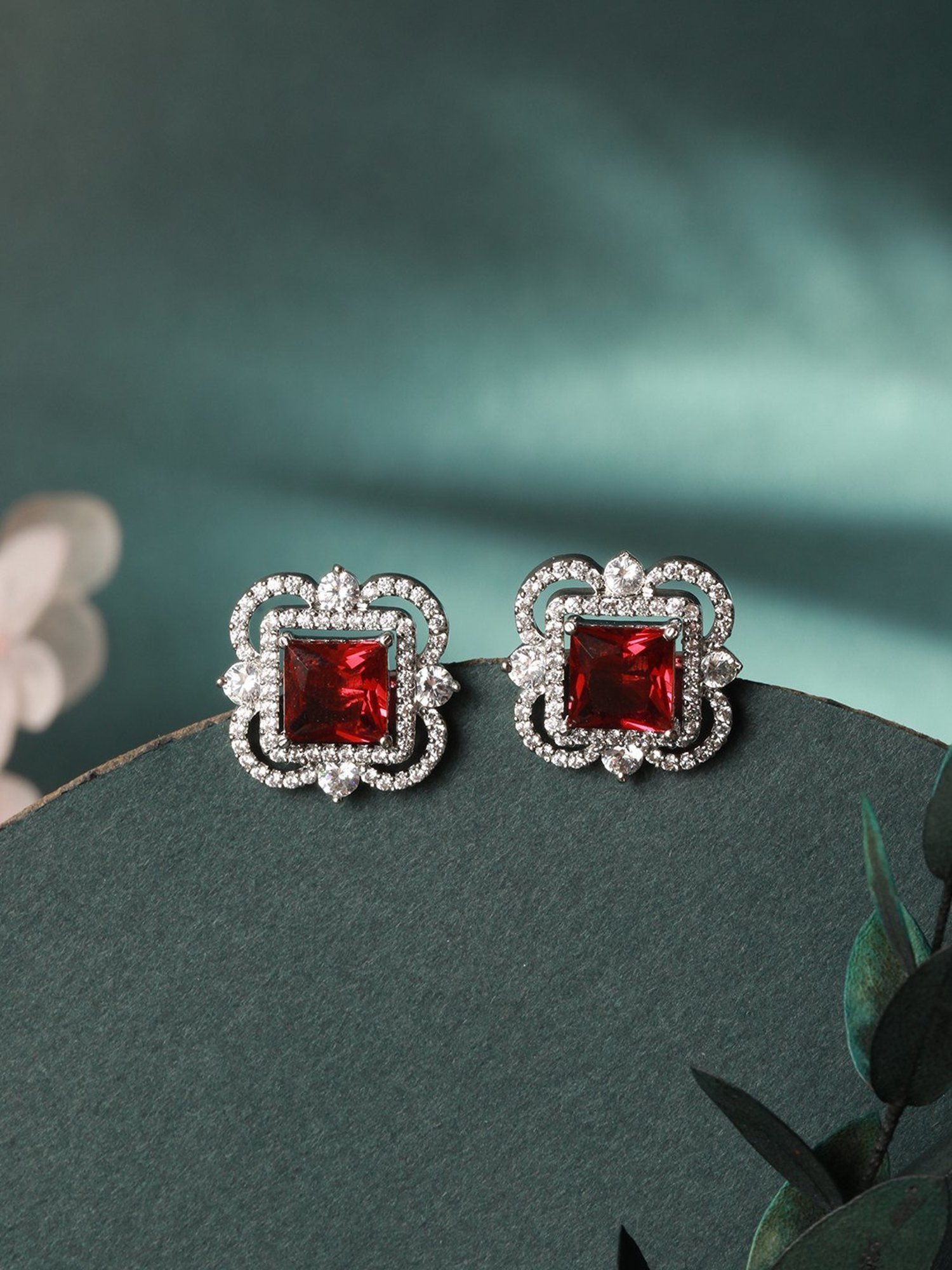 Saraf RS Jewellery Silver Red AD Studded Minimal Studs Earrings