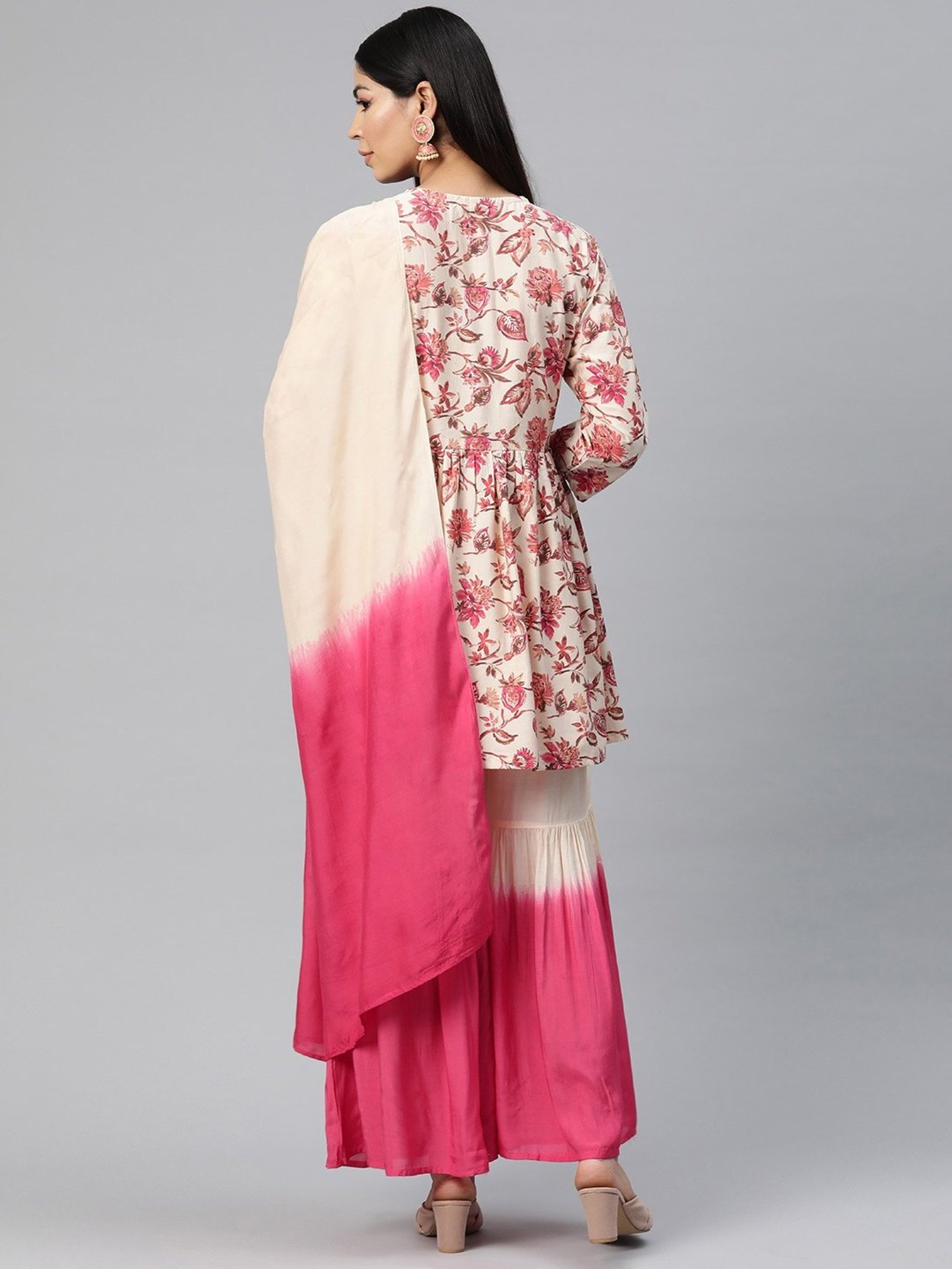 READIPRINT FASHIONS Beige & Pink Floral Print Kurti Sharara Set With Dupatta