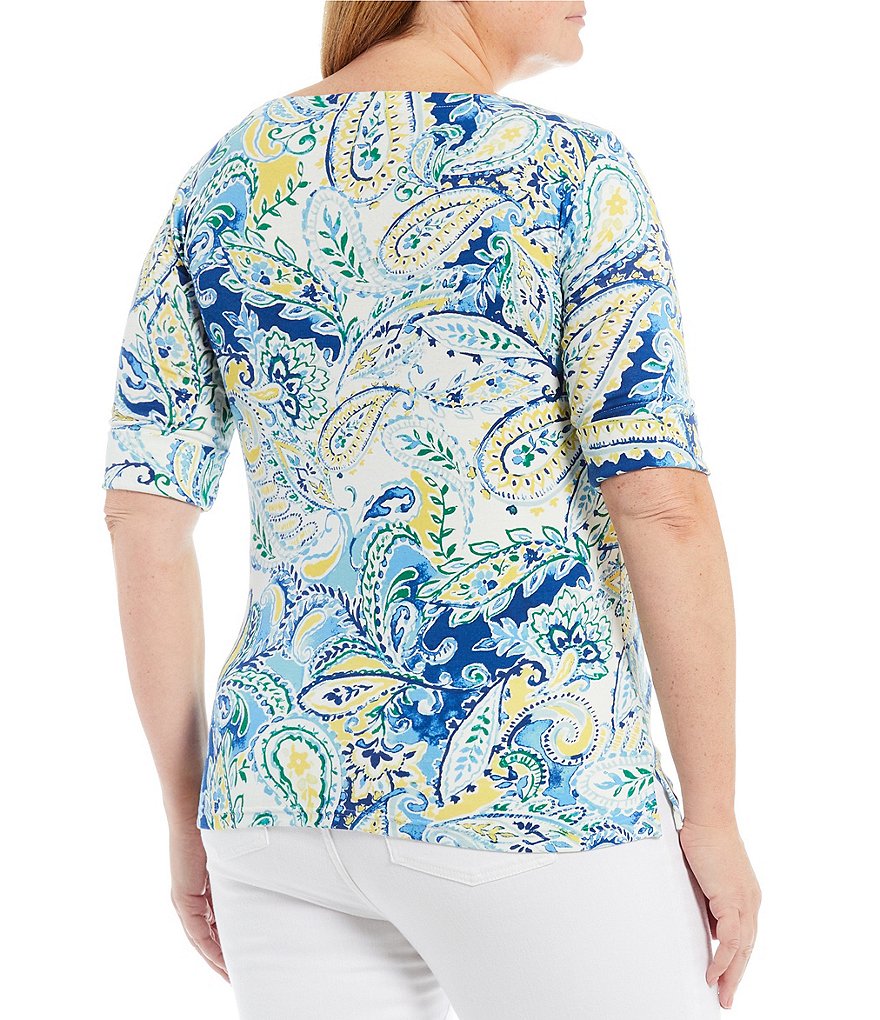 Democracy Plus Size Floral Print 3/4 Puff Sleeve V-Neck Knit Top