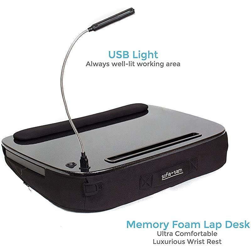 Multi Tasking Memory Foam Lap Desk with USB Light and Mouse Pad - Portable Foldable Home Working Office Workstation - Bed Table Tray for Eating - Fits Computer Up to 15" - Soft Cushion