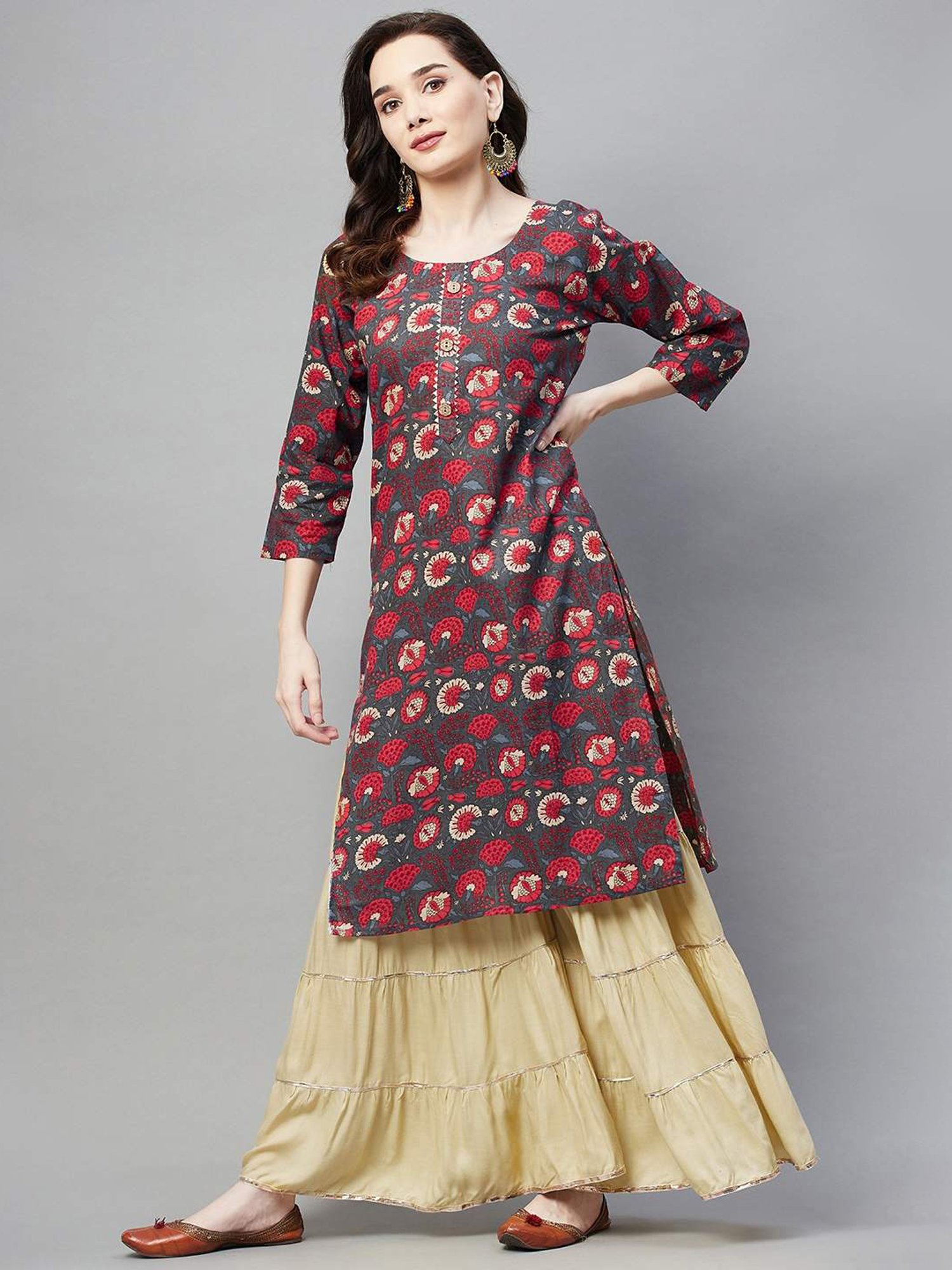 Aarika Grey Cotton Floral Print Straight Kurta
