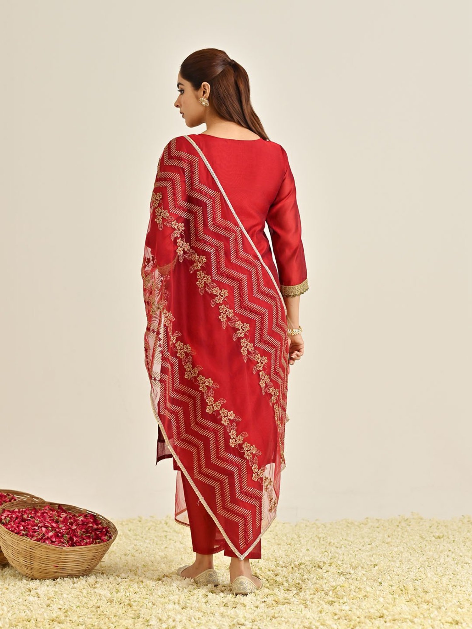 Rustorange Red Embroidered Kurta With Pant & Dupatta