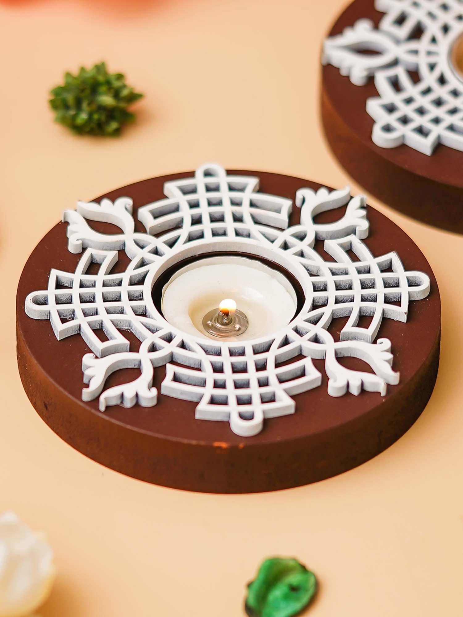 eCraftIndia Set of 12 Round Wooden Block Print Tea Light Candle Holders, Diya Stands