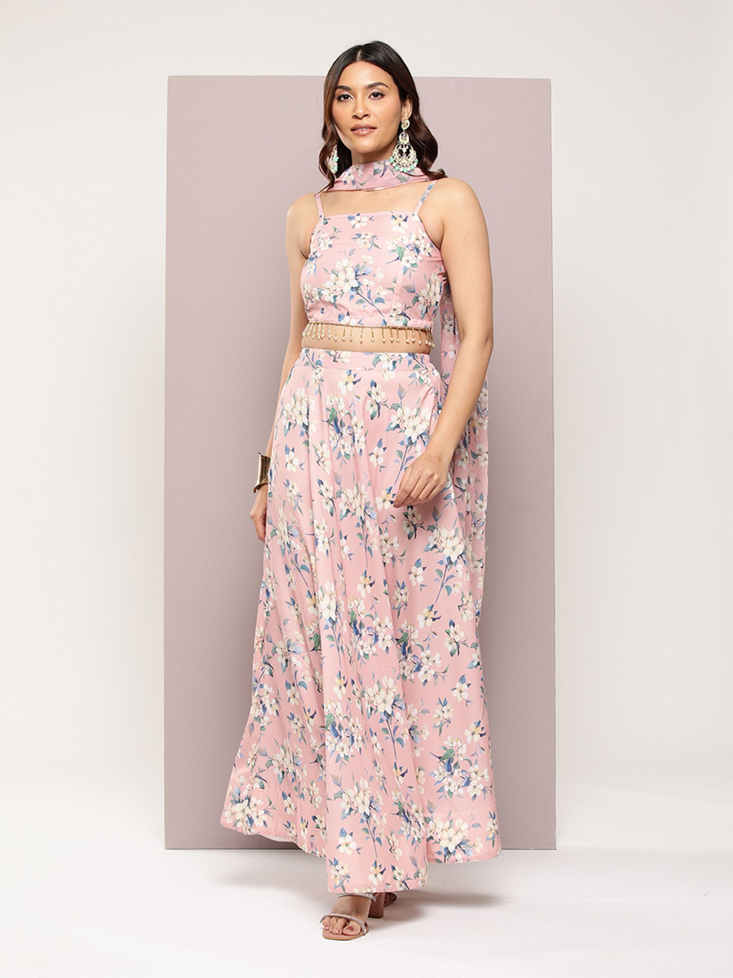 Jompers Peach Printed Lehenga Choli Set With Dupatta