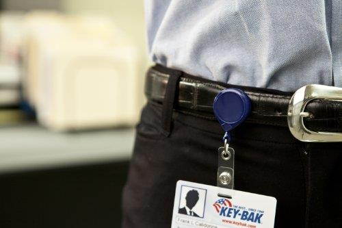 KEY-BAK MINI-BAK Retractable Badge Holder with 36" Nylon Cord, Steel Belt Clip, Blue, USA Made