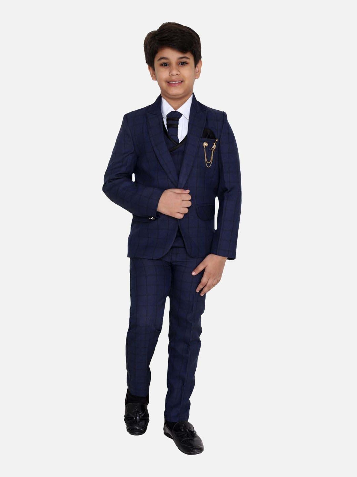 Fourfolds Boys Darkblue Checks Full Sleeves Suit Set
