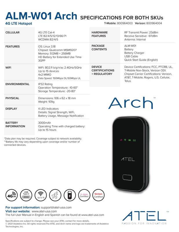 Atel Arch 4G LTE Hotspot ALM-W01 Verizon,  AT&T, T-Mobile, Rogers, U.S. Cellular,  Telus Certified - Black