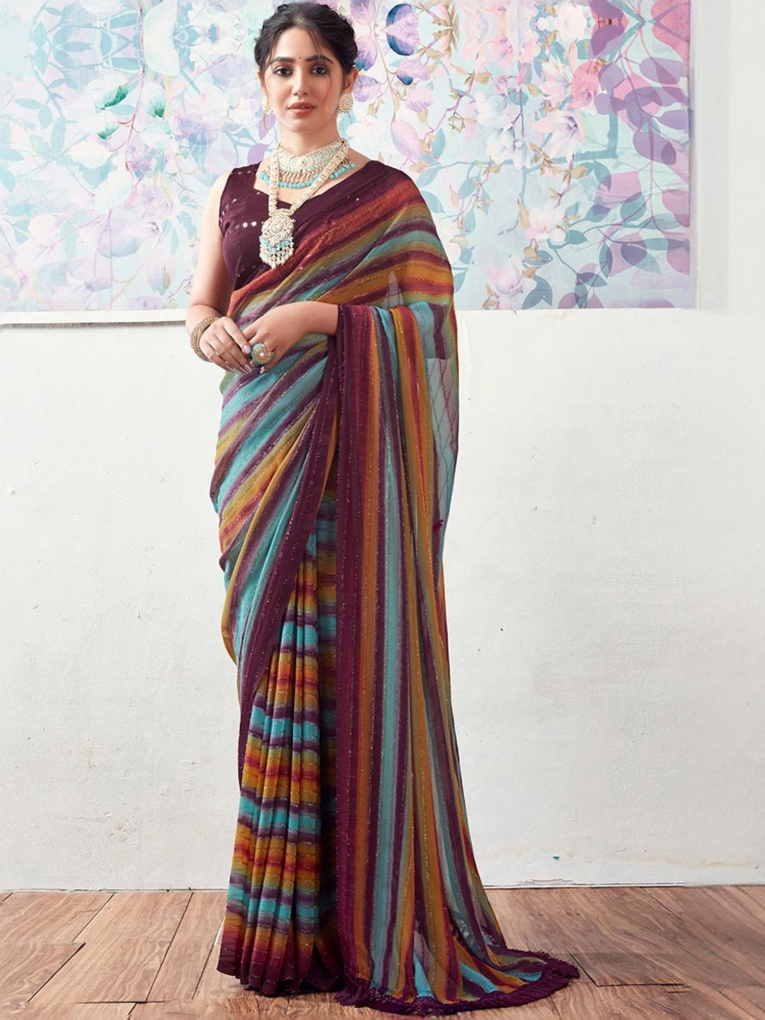 Satrani Brown & Blue Striped Saree With Unstitched Blouse