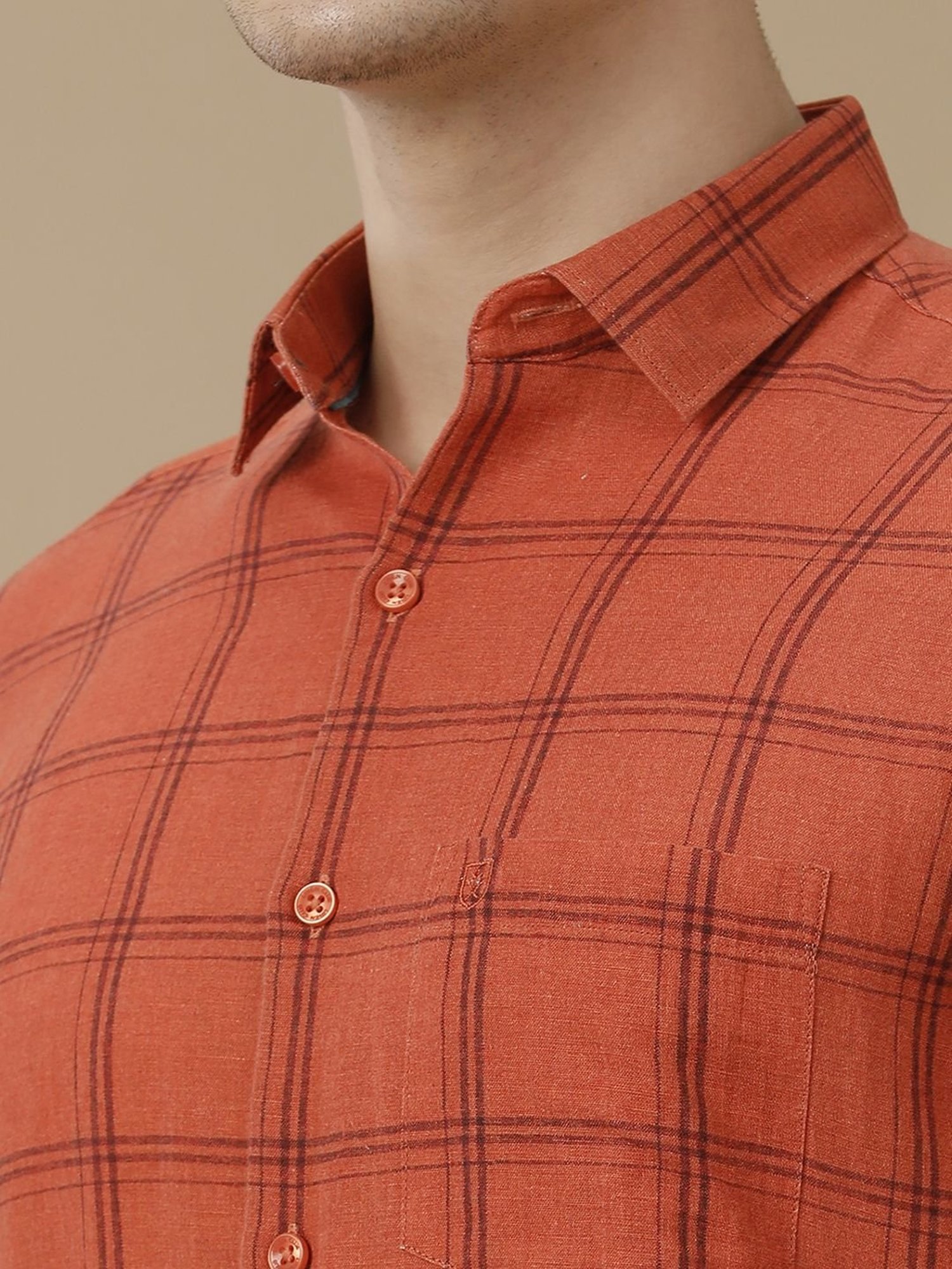 Linen Club Orange Linen Contemporary Fit Checks Shirt