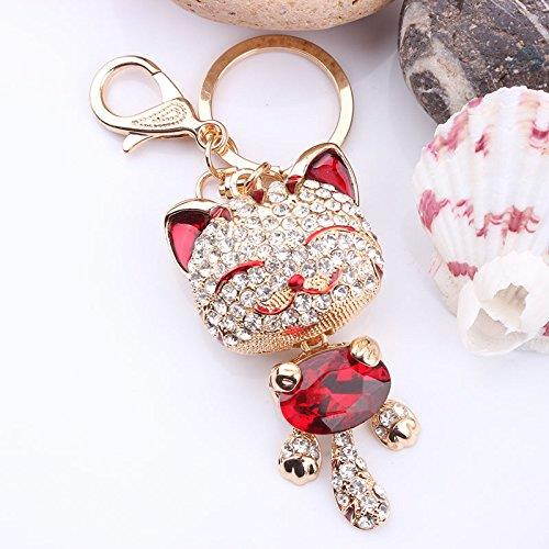 Cute Kitten Cat Bling Crystals Rhinestone Key Chain Keyring Holder Handbag Charm For Pet Lover (Red)