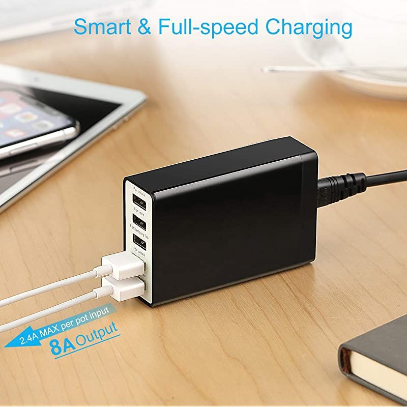 amp Hulin USB Charger Multi Port Hub 40W 8A Desktop USB Charging Station for Multiple Devices Portable 5 Port USB Wall Charger Compatible with Cell Phone Android Phone Product Tablet and More