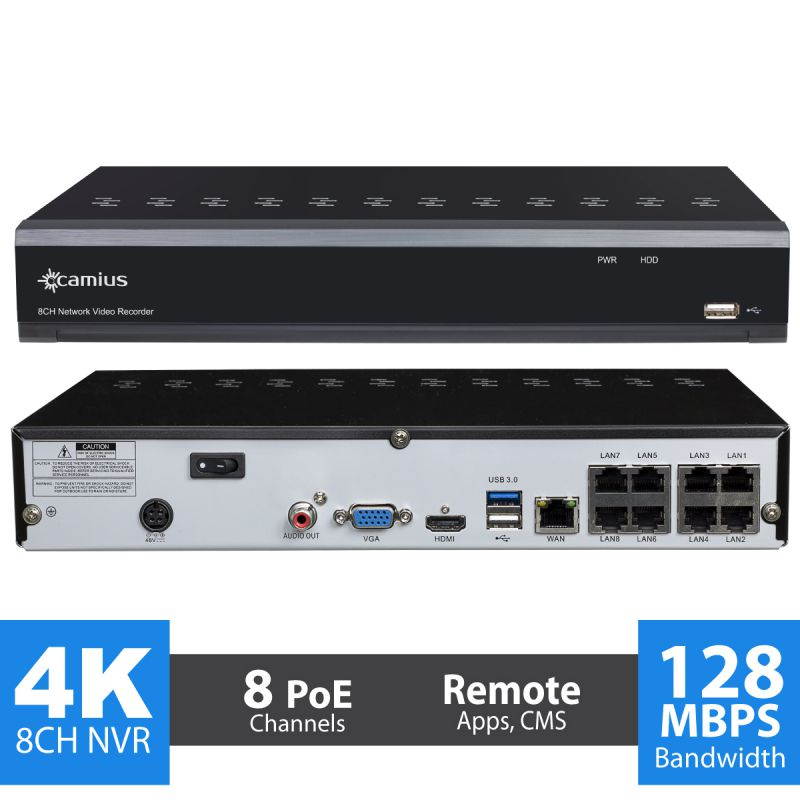 Camius 4K 8 Channel NVR Security System with 4 Wired Audio Video PoE Dome IP Cameras, wide angle, Night Vision, PC, Mac Software, Browser, Phone App (sold without a hard drive) 8P4I