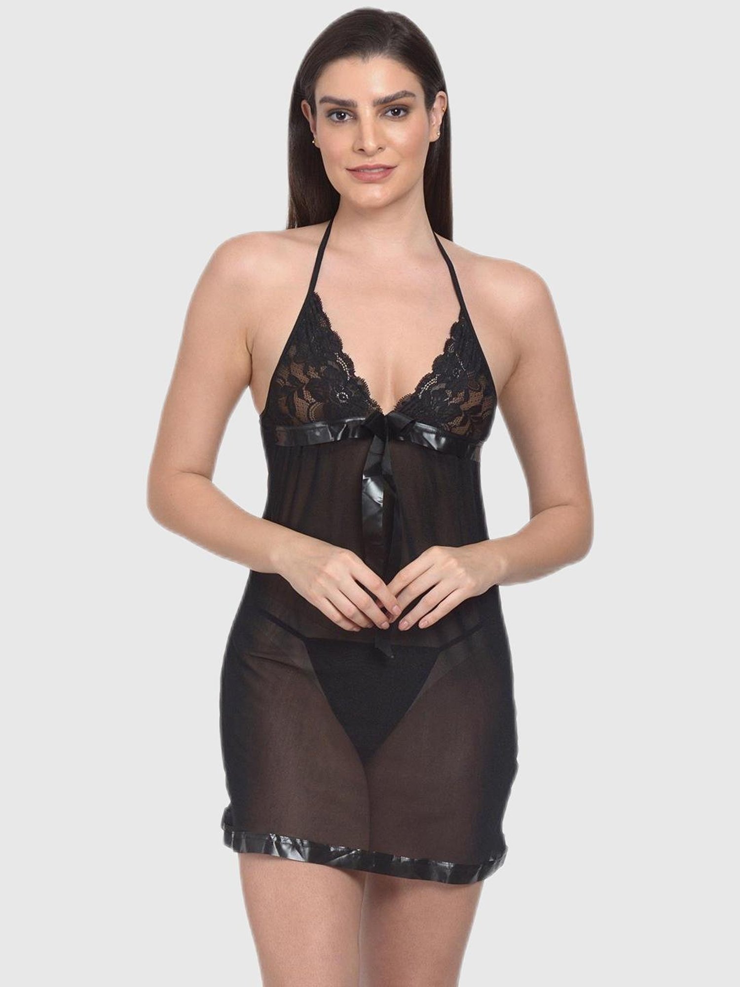 mod & shy Black Lace Print Night Dress