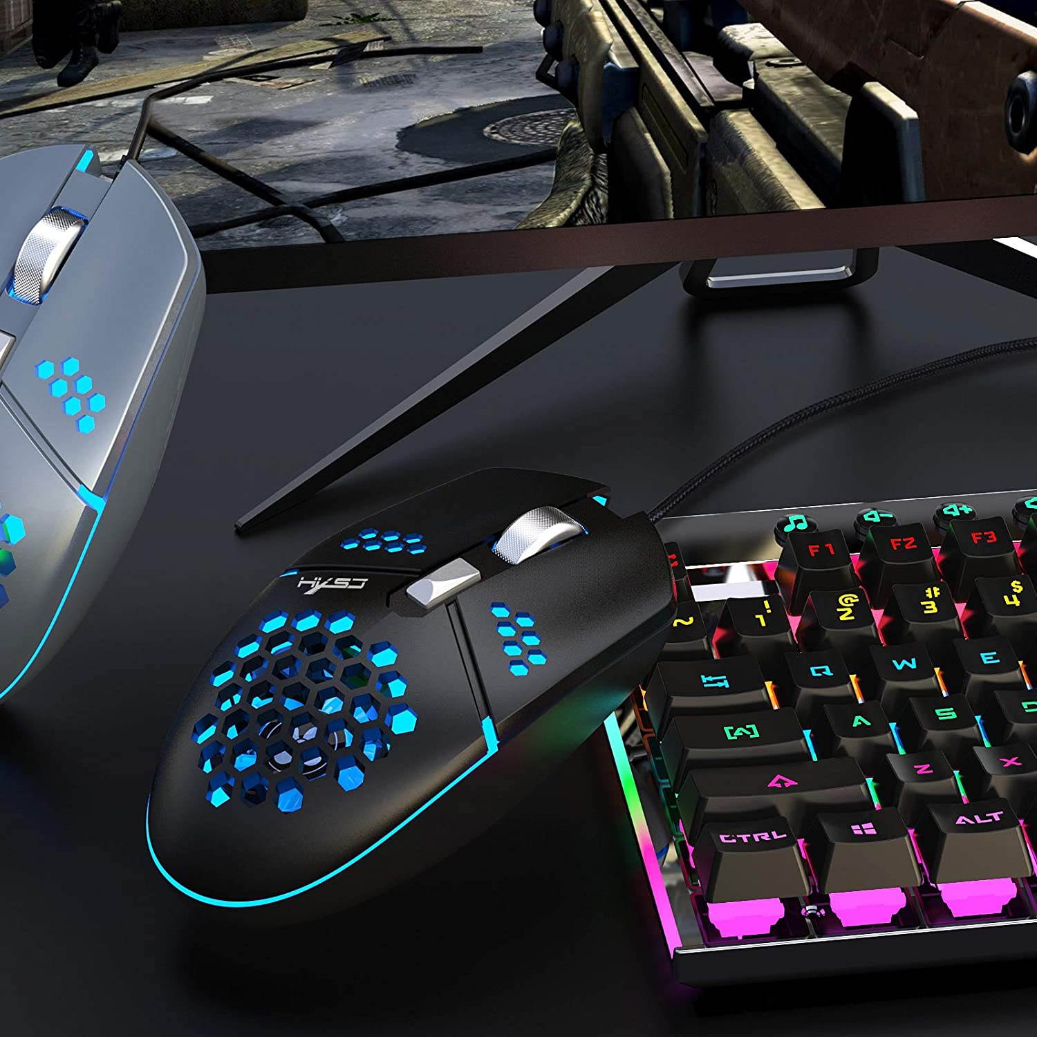 Gaming Mouse USB Wired, Programmable Fan Cooling Gaming Mice, Ultra-Lightweight Unique Design, Hexagonal Honeycomb Shell Design, Cool RGB Lighting, 6 Buttons, up to 8000 DPI (Black)