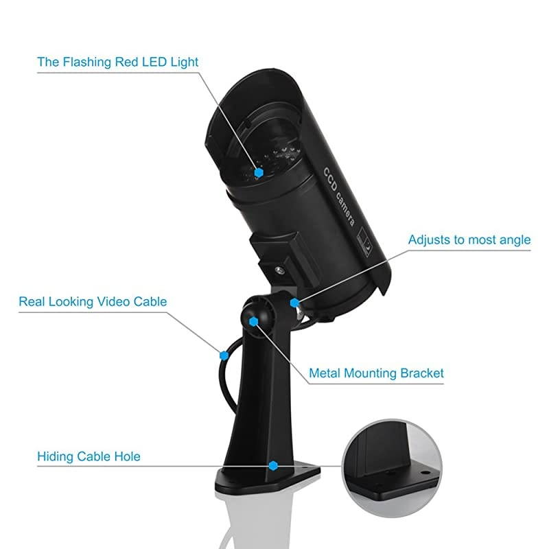 Security Camera Fake CCTV Surveillance System with Realistic Red Flashing Lights and Warning Sticker for Indoor Outdoor 1 Black