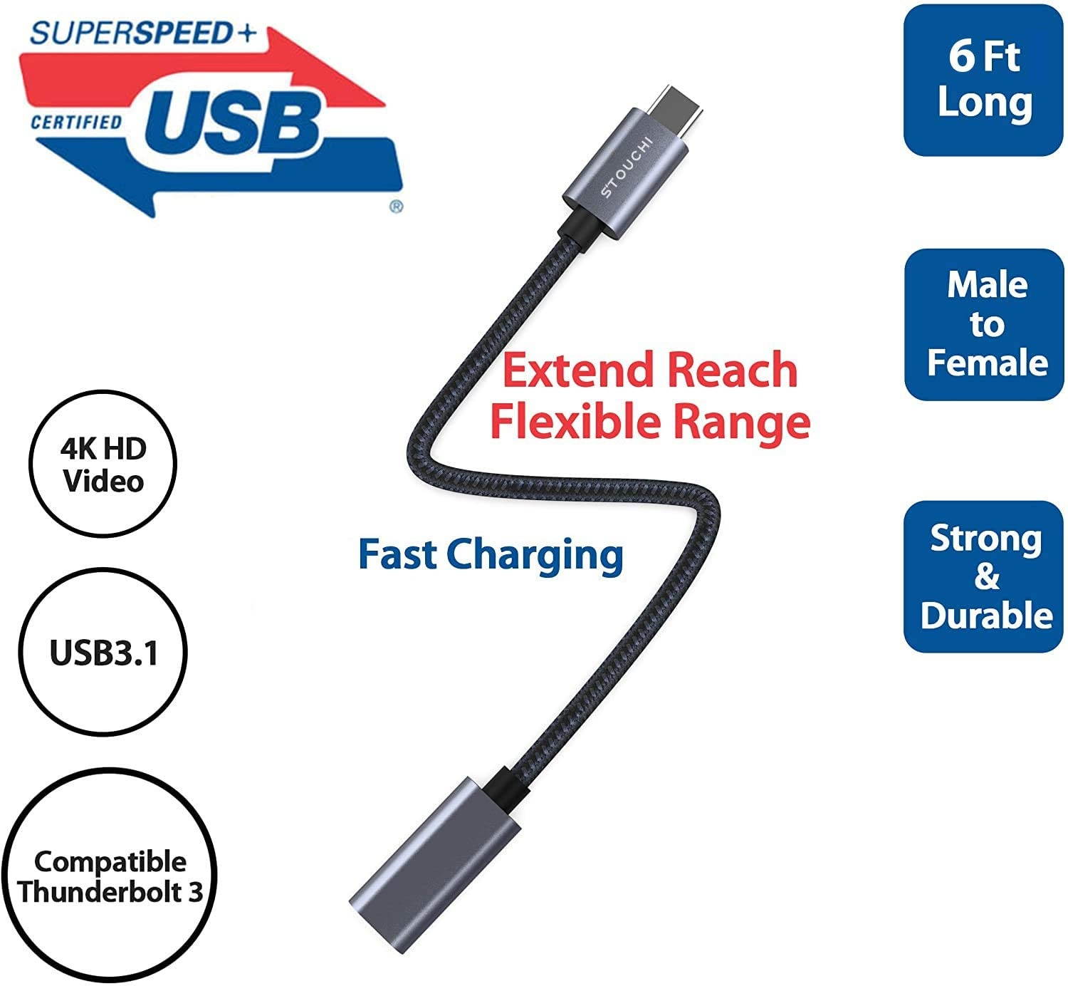 USB C Extension CableStouchi 10gbps USB C 3.1 Male to Female Charging &Audio Data Transfer Cable Compatible for iPhone 12 wireless charger Thunderbolt 3 MacBook Pro Google Pixel 2 2 XL 33.3 FT