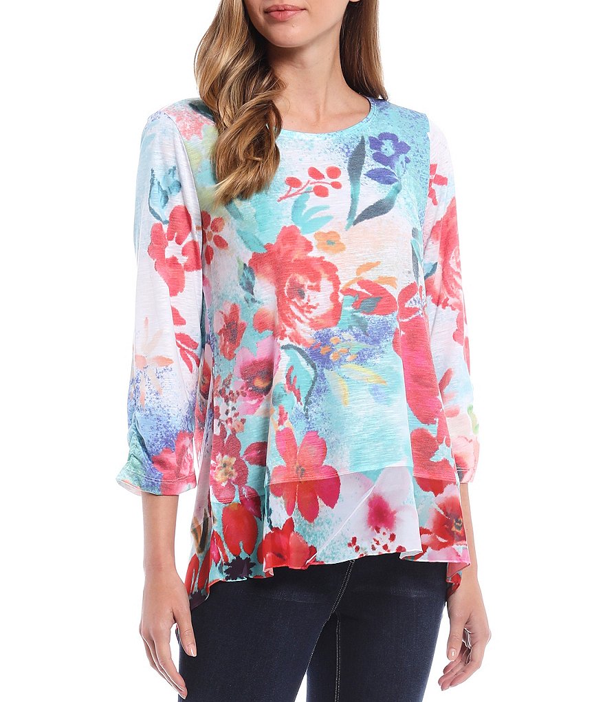 Ali Miles Petite Size Floral Print Mixed Media Hi-Low Top