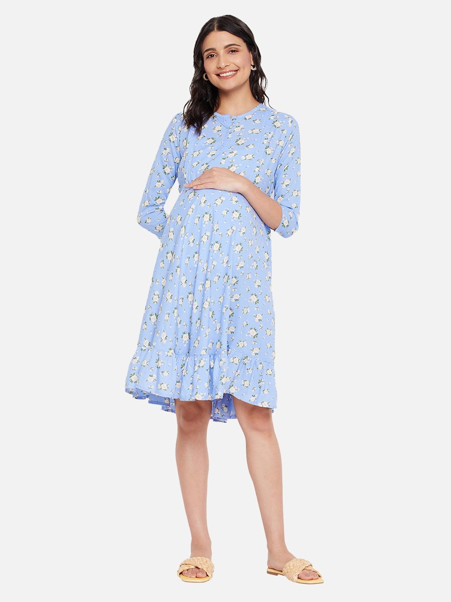 Hypernation Blue Rayon Floral Print Maternity Dress