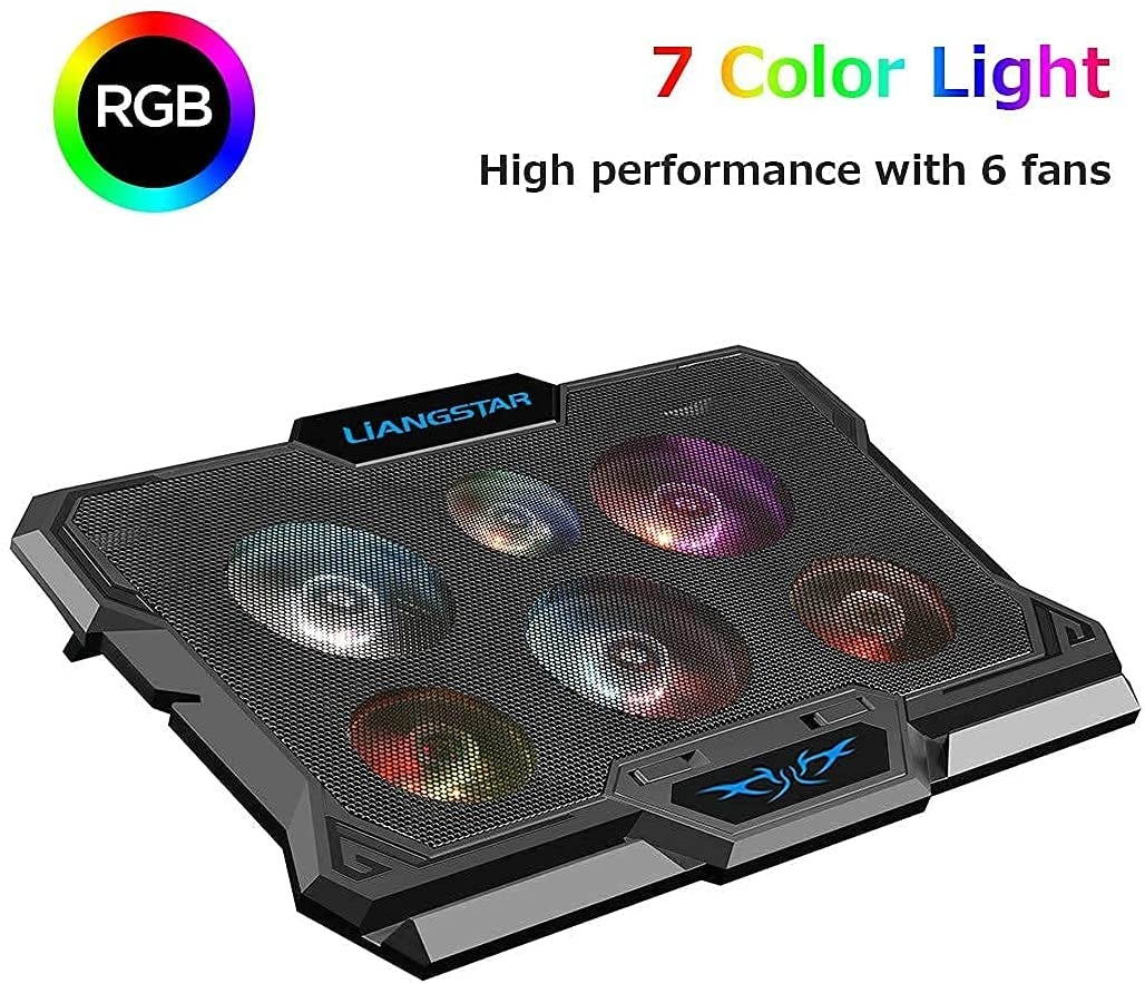 RGB Laptop Cooling Pad with 6 Quiet LED Fans 5 Heights Adjustable and Phone Stand, Dual USB Ports Gaming Laptop Cooler for 11"-18" Gaming Laptops (Blue)