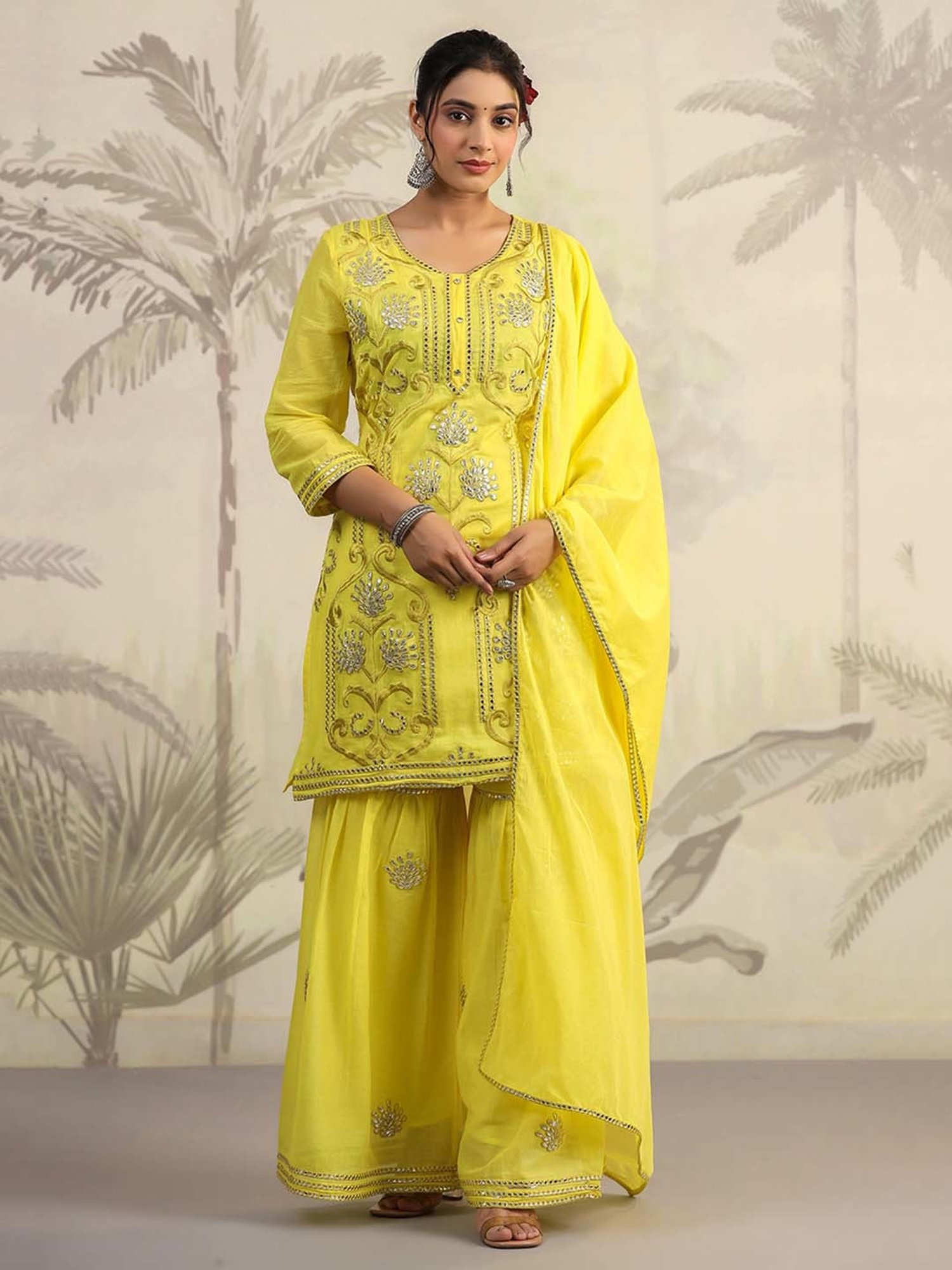 SCAKHI Royal Yellow Cotton Embroidered Kurti Sharara Set With Dupatta