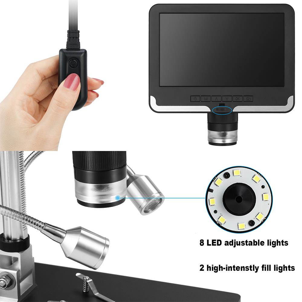 Handheld Multifunction USB Microscope,7 inch LCD Display 1080P Wireless Remote Control Digital Microscope with Adjustable Stand,USB Output Camera Video Recorder with 8 LED Adjustable Light Source