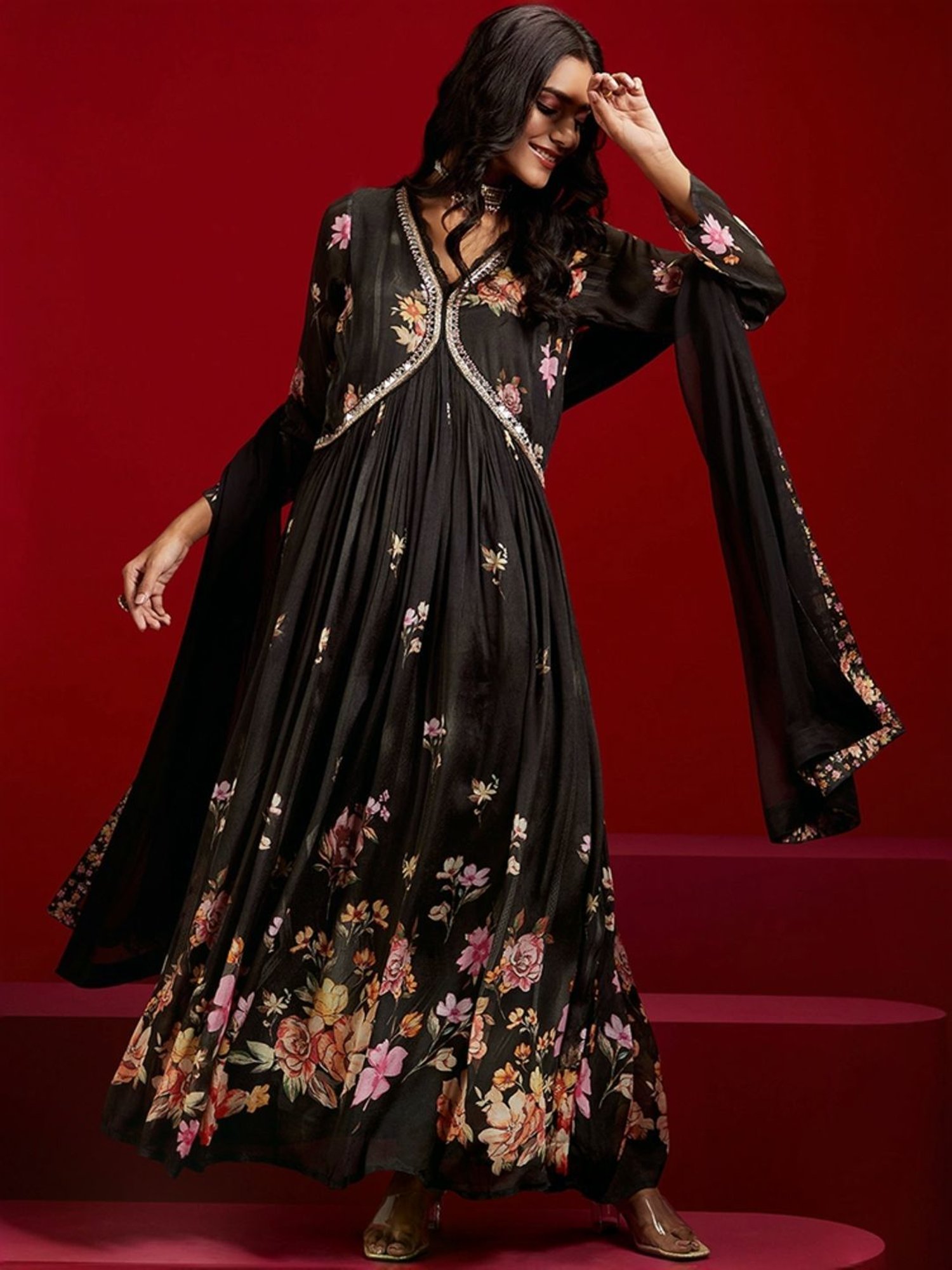 Libas Art Black Floral Print Kurta Pant Set With Dupatta