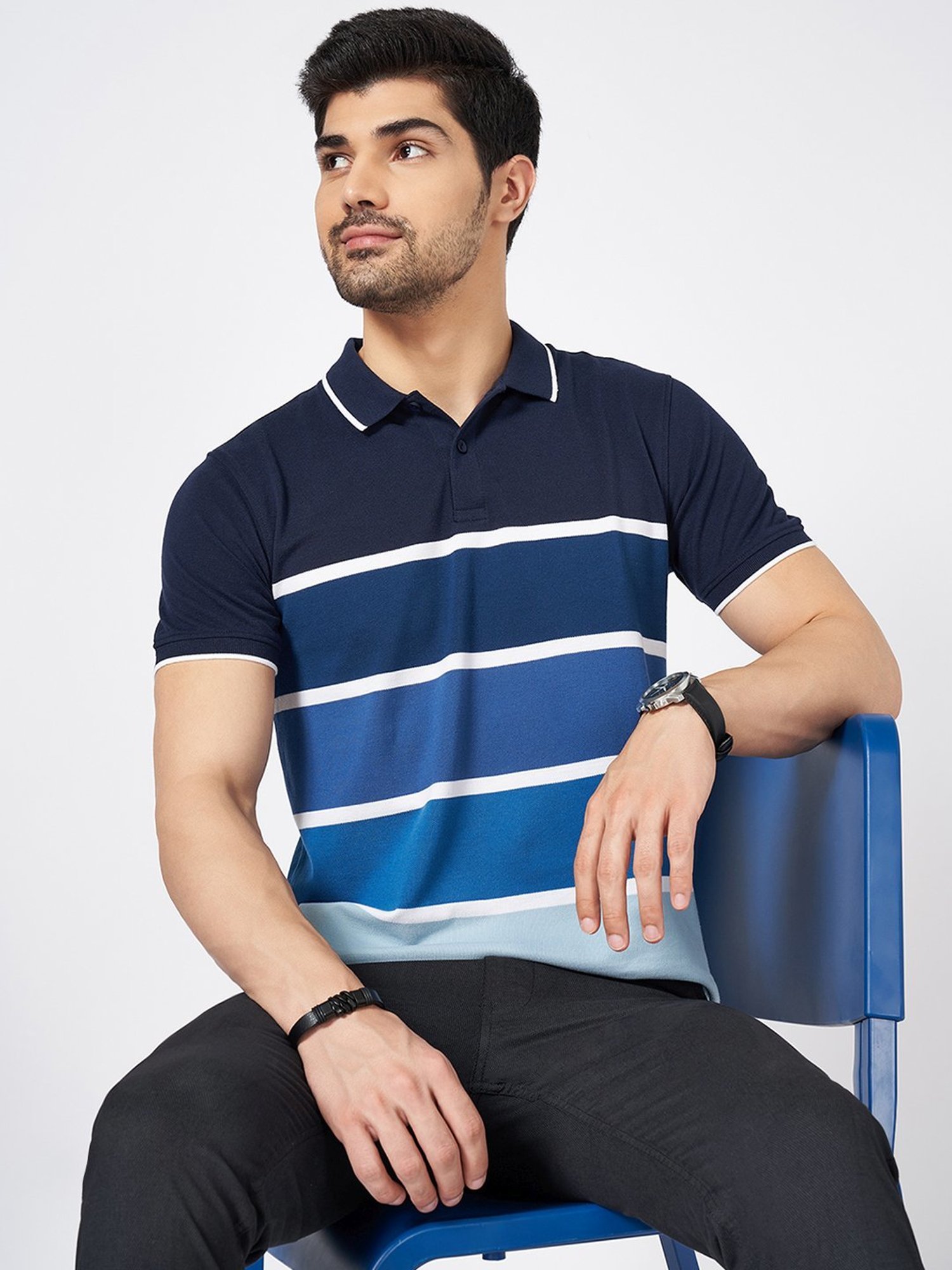 Byford By Pantaloons Blue Slim Fit Striped Polo T-Shirt