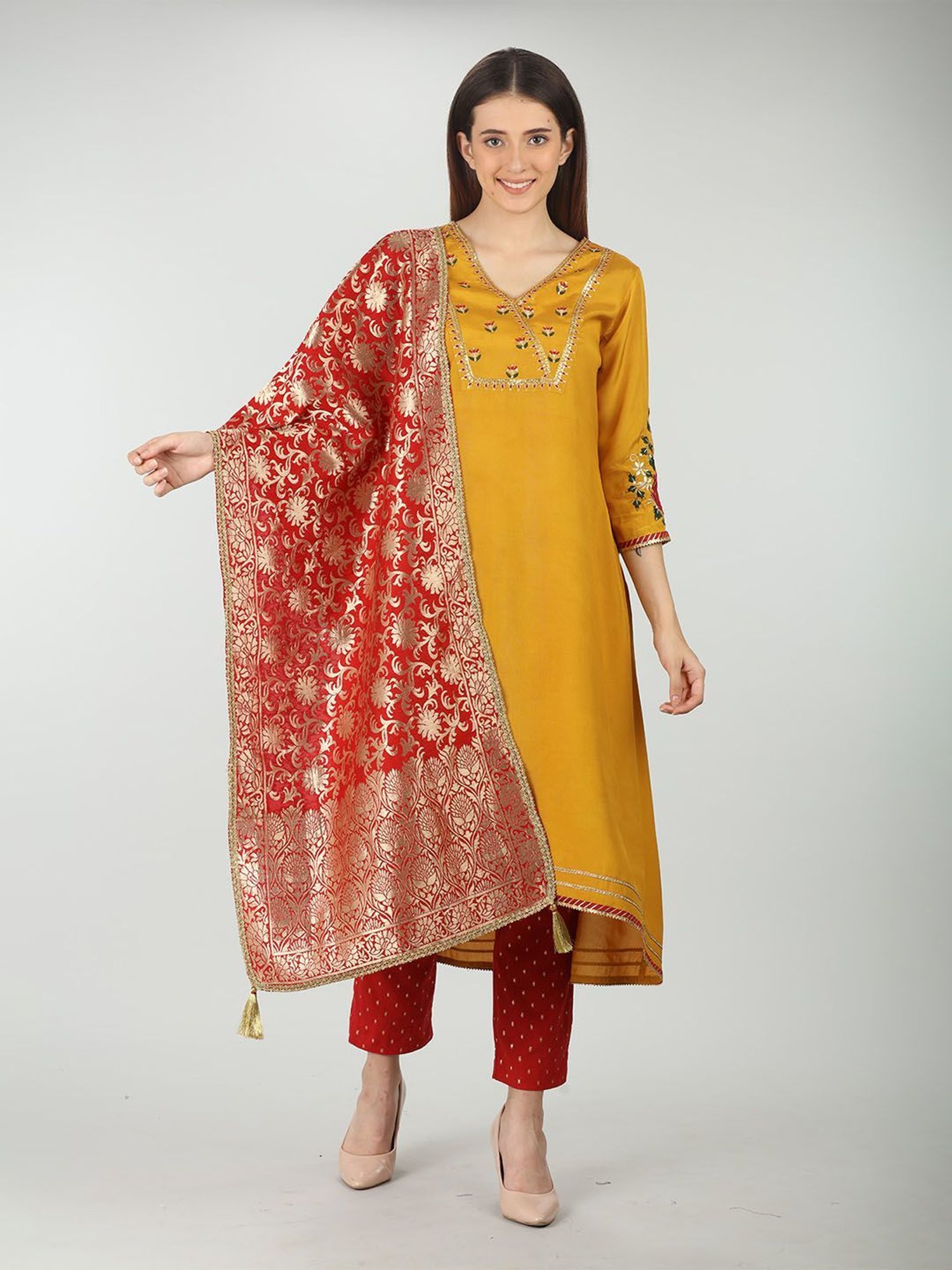 Mustard Red Silk Printed Dupatta
