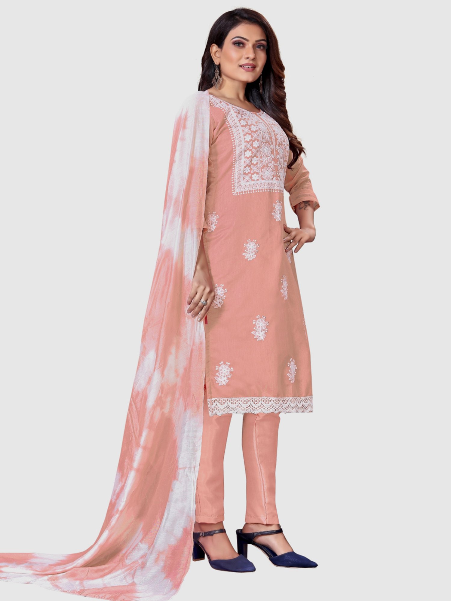 APNISHA Peach Embroidered Unstitched Dress Material