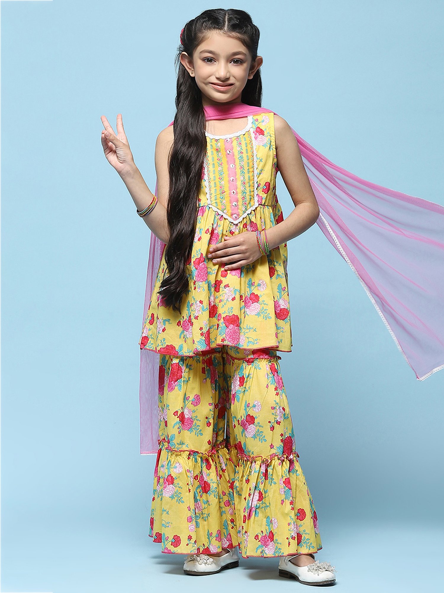 BIBA Girls Yellow & Pink Printed Kurta, Sharara with Dupatta