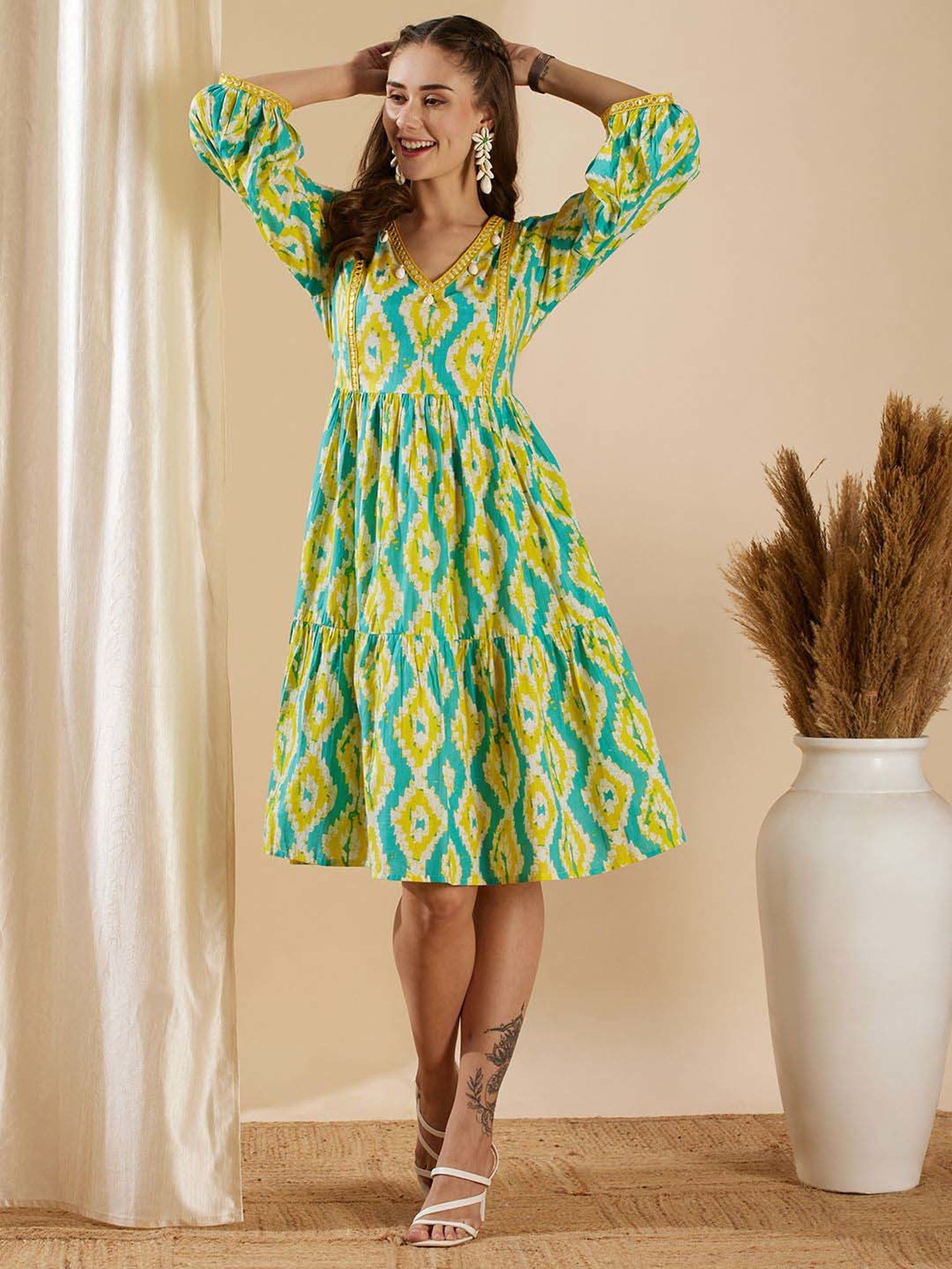 Fashor Blue & Yellow Cotton Printed A-Line Dress