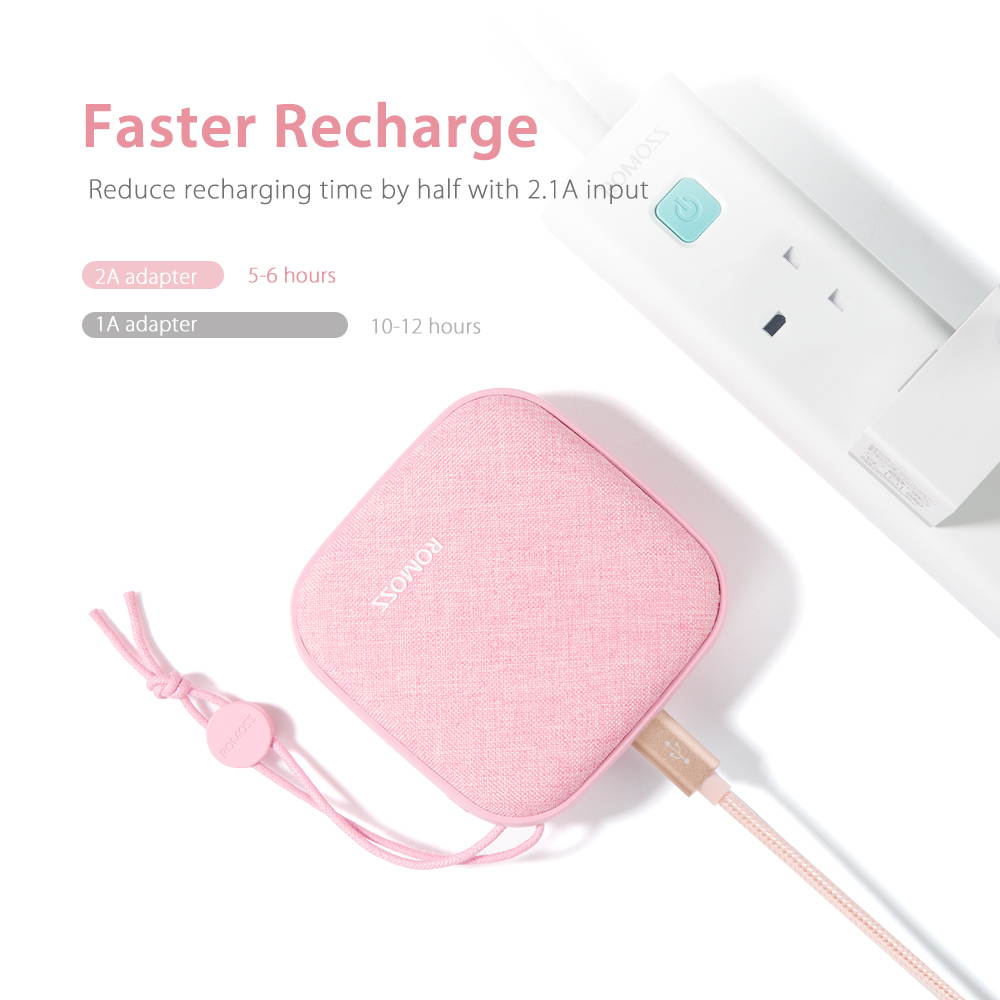 ROMOSS Style Power Bank 10,000mAh, Candybox 2.1A Dual USB Fabric Portable Charger with Hanging Ring Compatible for iPhone X, Samsung Galaxy S9 and More (Candy Pink)