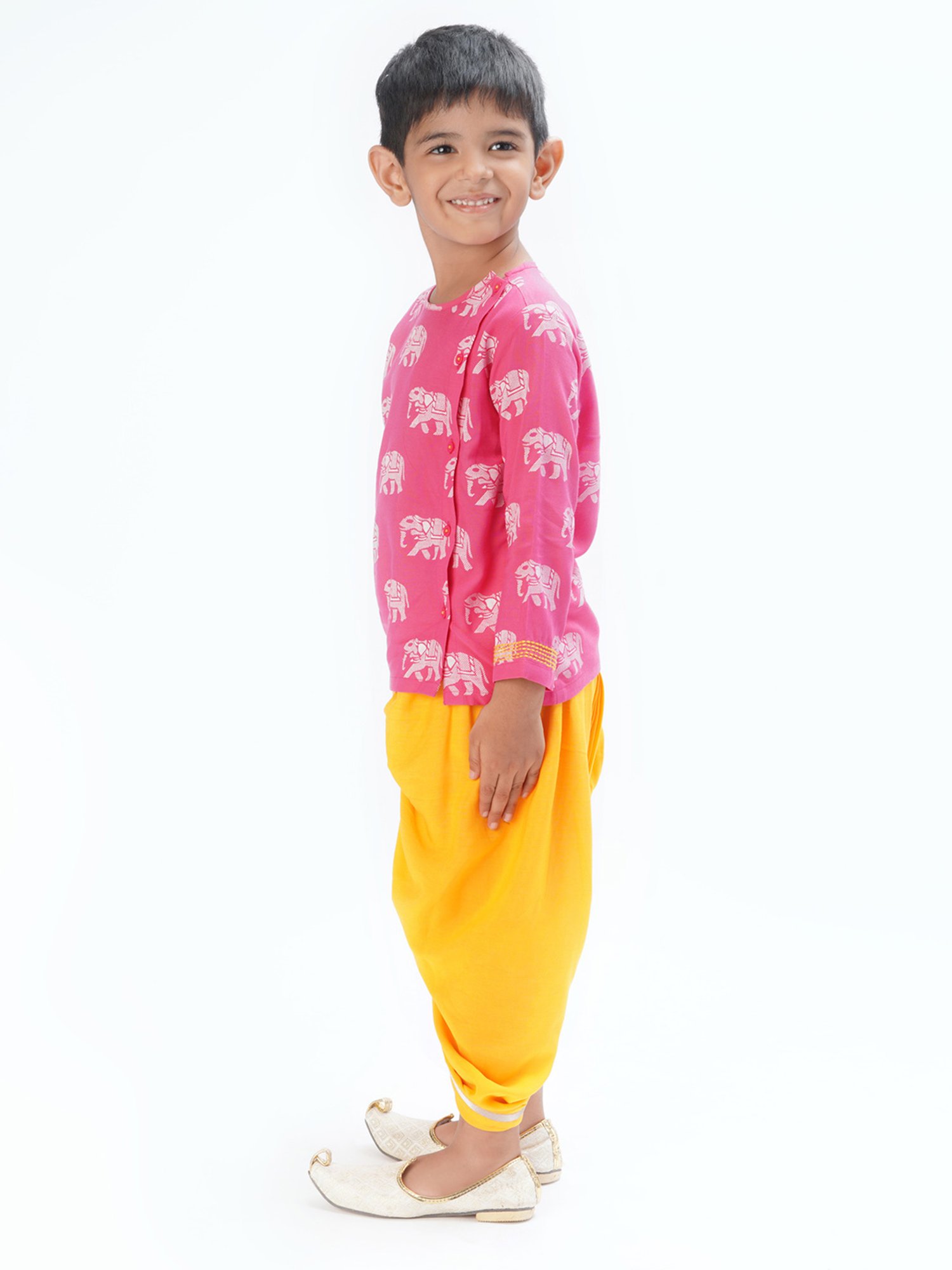 Lil Drama Kids Pink & Yellow Printed Full Sleeves Kurta with Dhoti