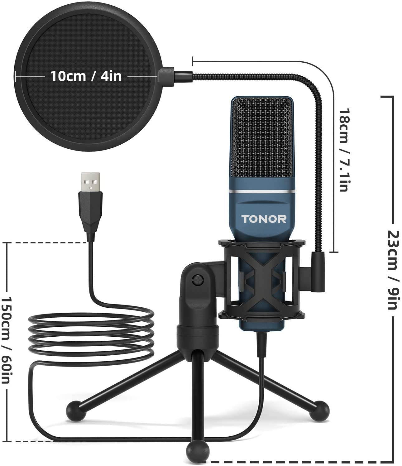 USB Microphone, Computer Condenser PC Gaming Mic with Tripod Stand & Pop Filter for Streaming, Podcasting, Vocal Recording, Compatible with Laptop Desktop Windows Computer