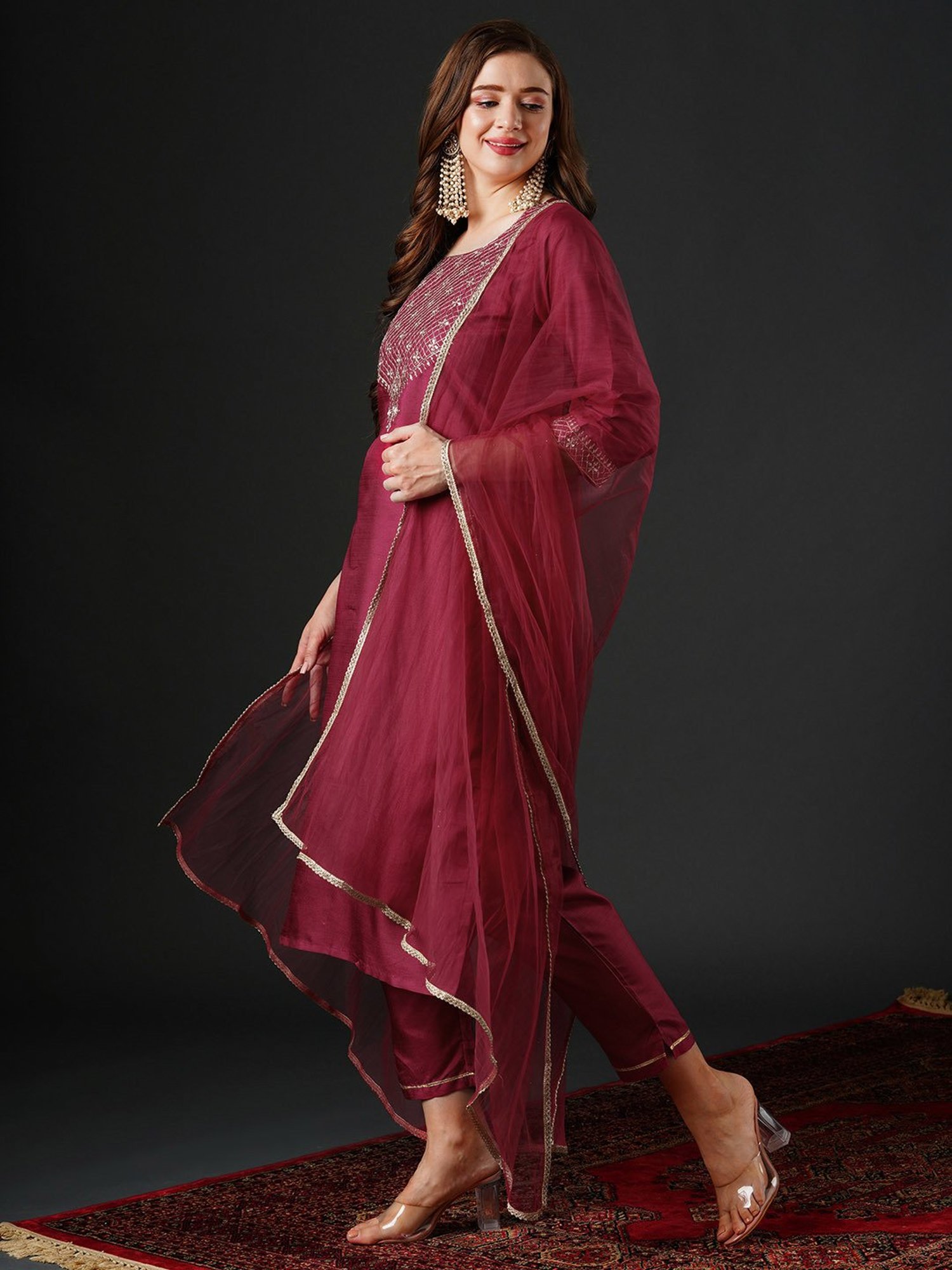 Indo Era Wine Embroidered Kurta With Pant & Dupatta