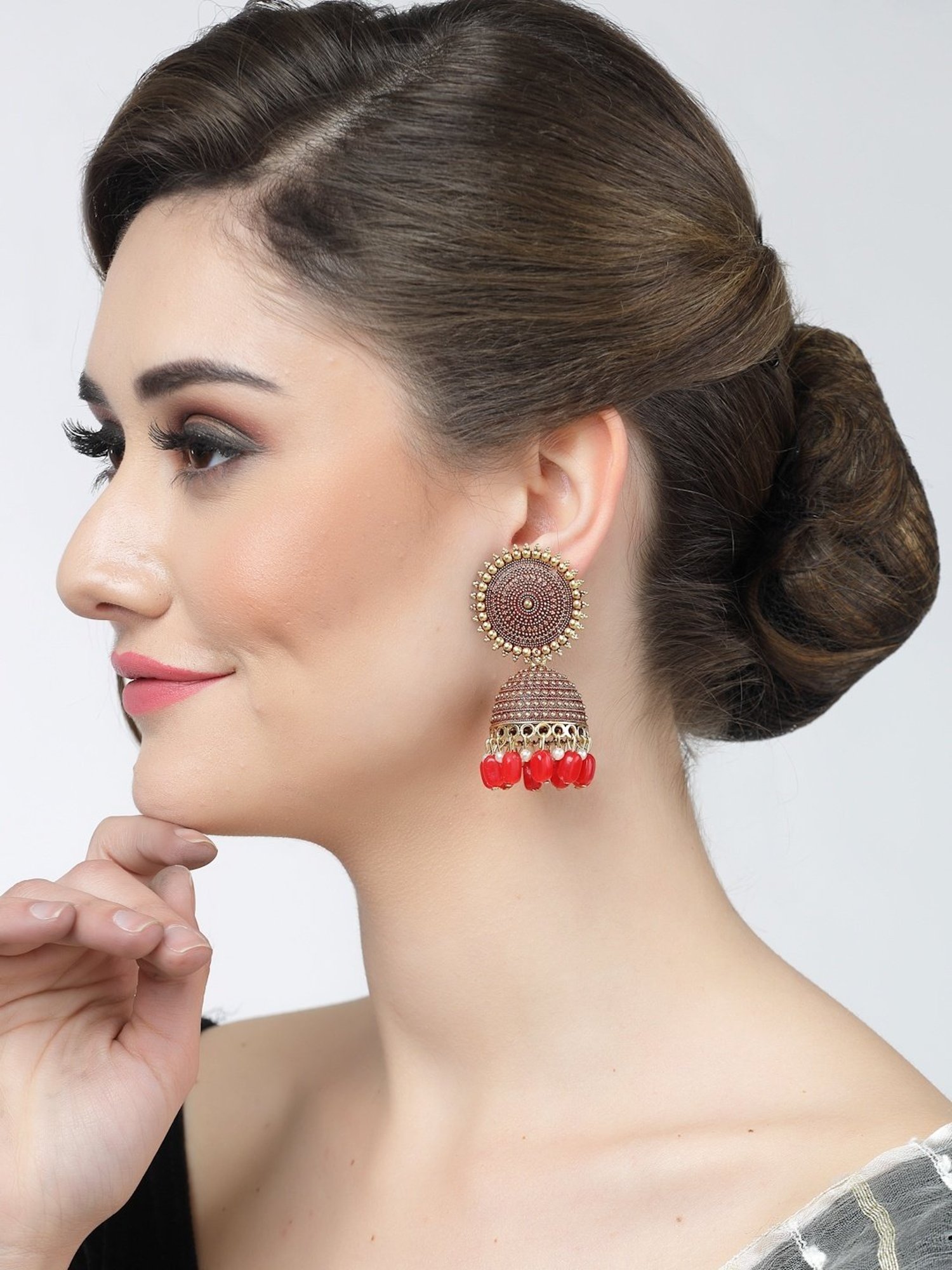 Moedbuille Handcrafted Meenakari Tasselled Floral Design Gold-Plated Antique Jhumki Earrings