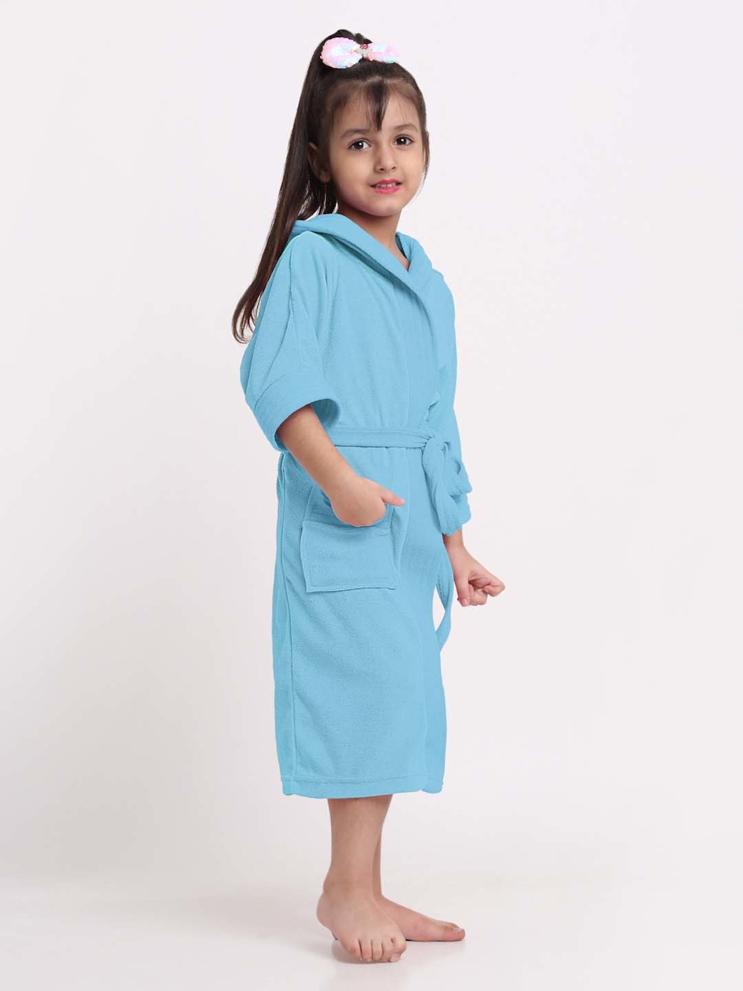 Creeva Melodious Ocean Blue Micro Terry 225 GSM Kids Hooded Bathrobe 4-5 Years With Pocket