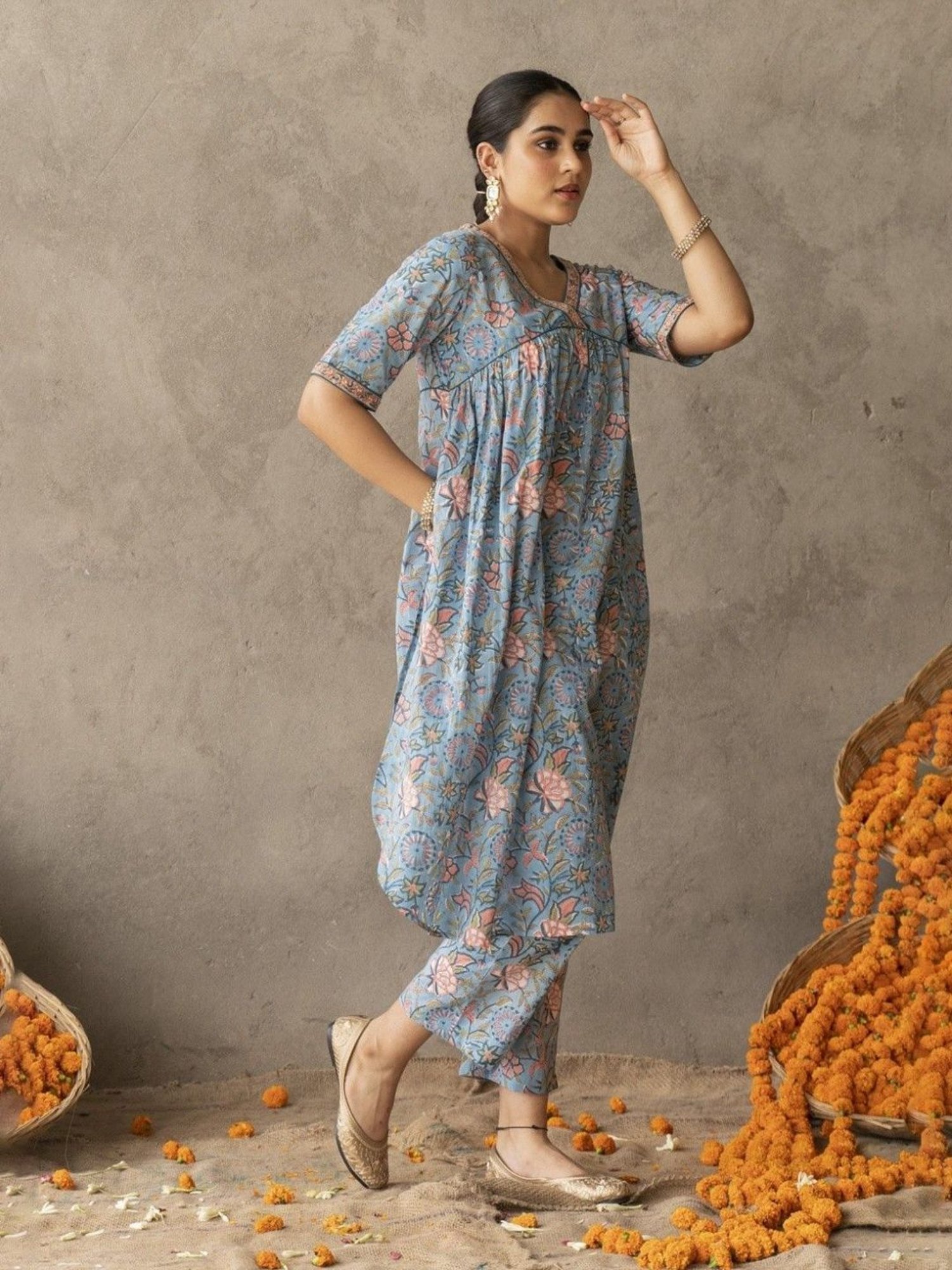 Akiso Reet Blue Block Printed A Line With Hand Embroidery Detailed Suit Set With Dupatta